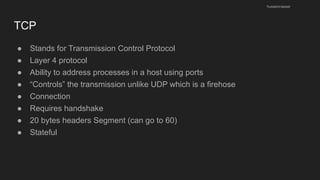 TCP
● Stands for Transmission Control Protocol
● Layer 4 protocol
● Ability to address processes in a host using ports
● “Controls” the transmission unlike UDP which is a firehose
● Connection
● Requires handshake
● 20 bytes headers Segment (can go to 60)
● Stateful
husseinnasser
 