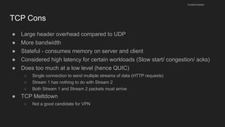 TCP Cons
● Large header overhead compared to UDP
● More bandwidth
● Stateful - consumes memory on server and client
● Considered high latency for certain workloads (Slow start/ congestion/ acks)
● Does too much at a low level (hence QUIC)
○ Single connection to send multiple streams of data (HTTP requests)
○ Stream 1 has nothing to do with Stream 2
○ Both Stream 1 and Stream 2 packets must arrive
● TCP Meltdown
○ Not a good candidate for VPN
husseinnasser
 