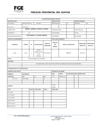 FISCALÍA PROVINCIAL DEL GUAYAS
Dirección: Pedro Carbo # 634 y Aguirre, esquina
Edificio Féni x
PBX: (593) 4 2321220
Guayaquil – Ecuador
PLAN DE INVESTIGACIÓN AÑO 2014
DATOS DEL CASO SUJETO ACTIVO NOTICIA DE DELITO
No. Denuncia 090101813014561 004-2014 IMPUTABILIDAD: X DENUNCIA: X
Fecha Inicio 03/01/2014
DENUNCIANTE:
MEDINA ESPINOZA MARCO ANTONIO
INIMPUTABILIDAD: PARTE POLICIAL:
OFENDIDO/A: PELIGROSIDAD: OFICIO:
SOSPECHOSO/PROCESADO:
ANA GUISELLA VANONI GUISSEPI
REINCIDENCIA: FLAGRANCIA:
FISCALIA DE CONOCIMIENTO DATOS DEL EXPEDIENTE
PROVINCIA CANTÓN No. ESPECIALIZADA
FECHA DE
ASIGNACIÓN
FECHA DE
LOS
HECHOS
DELITO A INVESTIGAR
INDAGACIÓN
PREVIA No.
INSTRUCCIÓN
FISCAL No.
Guayas Gquil 1
UNIDAD
ESPECIALIZADA
DE SOL.
RAPIDAS
OCT/29/2012 AMENAZA 004-2014
FISCAL: AB. RUTH RONQUILLO ALVARADO
HIPOTESIS
1 EL DENUNCIANTE ADUCE QUE HA SIDO VICTIMA DE AMENAZA POR PARTE DE SOSPECHOSOS
2
PLANIFICACIÓN DE LA INVESTIGACIÓN
ELEMENTOS DEL DELITO ELEMENTOS DE PRUEBA
JURÍDICOS MATERIALES TIPO FECHA PLAZO/DÍAS FOLIO RESULTADO
ARTÍCULOS LEY SI NO OF. PJ ENERO-2014
377- 379 COD. PENAL X
PERICIAS
Versión
testigos
TIPO FECHA PLAZO/DÍAS FOLIO RESULTADO
Rec. Lugar
Ex. Document.
Aud. Contable
Examen Balist
Rec. Evid y Ava.
Exam Rev Quim
 