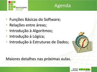 Agenda
• Funções Básicas do Software;
• Relações entre áreas;
• Introdução à Algoritmos;
• Introdução à Lógica;
• Introdução à Estruturas de Dados;
Maiores detalhes nas próximas aulas.
 