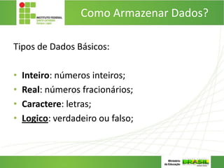 Como Armazenar Dados?
Tipos de Dados Básicos:
• Inteiro: números inteiros;
• Real: números fracionários;
• Caractere: letras;
• Logico: verdadeiro ou falso;
 
