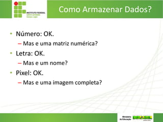Como Armazenar Dados?
• Número: OK.
– Mas e uma matriz numérica?
• Letra: OK.
– Mas e um nome?
• Pixel: OK.
– Mas e uma imagem completa?
 