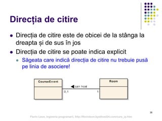 38
Direcția de citire
 Direcția de citire este de obicei de la stânga la
dreapta și de sus în jos
 Direcția de citire se poate indica explicit
 Săgeata care indică direcția de citire nu trebuie pusă
pe linia de asociere!
Florin Leon, Ingineria programarii, http://florinleon.byethost24.com/curs_ip.htm
 