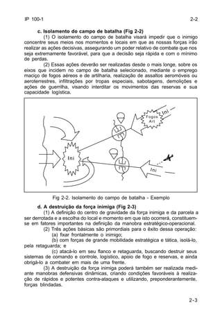 2-3 
IP 100-1 
c. Isolamento do campo de batalha (Fig 2-2) 
(1) O isolamento do campo de batalha visará impedir que o inimigo 
concentre seus meios nos momentos e locais em que as nossas forças irão 
realizar as ações decisivas, assegurando um poder relativo de combate que nos 
seja extremamente favorável, para que a decisão seja rápida e com o mínimo 
de perdas. 
(2) Essas ações deverão ser realizadas desde o mais longe, sobre os 
eixos que incidem no campo de batalha selecionado, mediante o emprego 
maciço de fogos aéreos e de artilharia, realização de assaltos aeromóveis ou 
aeroterrestres, infiltrações por tropas especiais, sabotagens, demolições e 
ações de guerrilha, visando interditar os movimentos das reservas e sua 
capacidade logística. 
Fig 2-2. Isolamento do campo de batalha - Exemplo 
d. A destruição da força inimiga (Fig 2-3) 
(1) A definição do centro de gravidade da força inimiga e da parcela a 
ser derrotada e a escolha do local e momento em que isto ocorrerá, constituem-se 
em fatores importantes na definição da manobra estratégico-operacional. 
(2) Três ações básicas são primordiais para o êxito dessa operação: 
(a) fixar frontalmente o inimigo; 
(b) com forças de grande mobilidade estratégica e tática, isolá-lo, 
pela retaguarda; e 
(c) atacá-lo em seu flanco e retaguarda, buscando destruir seus 
sistemas de comando e controle, logístico, apoio de fogo e reservas, e ainda 
obrigá-lo a combater em mais de uma frente. 
(3) A destruição da força inimiga poderá também ser realizada medi-ante 
manobras defensivas dinâmicas, criando condições favoráveis à realiza-ção 
de rápidos e potentes contra-ataques e utilizando, preponderantemente, 
forças blindadas. 
2-2 
Ini 
Ini 
Fogos 
Art 
Ini 
 