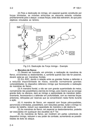 IP 100-1 
2-4 
(4) Para a destruição do inimigo, em especial quando constituído por 
forças blindadas, as missões atribuídas ao atacante estarão voltadas 
prioritariamente para o ataque a essas forças, onde elas estiverem, do que para 
objetivos vinculados ao terreno. 
Fig 2-3. Destruição da Força Inimiga - Exemplo 
e. Manobra de flanco 
(1) Deverá ser buscada, em princípio, a realização de manobras de 
flanco, envolventes ou desbordantes, e, somente quando isso não for possível, 
deverá optar-se por manobras frontais. 
(2) Em AOC, devido à relação entre as grandes frentes a defender e 
a reduzida disponibilidade de meios, existirão normalmente grandes 
vulnerabilidades no dispositivo defensivo inimigo que favorecerão a realização 
de manobras de flanco. 
(3) A manobra frontal, a não ser com grande superioridade de meios, 
normalmente não possibilitará a derrota do inimigo, pois mesmo que se consiga 
grande êxito na ofensiva, dará ao inimigo a oportunidade de manobrar defen-sivamente, 
favorecendo-o a defender em profundidade, com as mesmas forças 
anteriores, reforçadas por reservas que se concentraram nesta frente durante 
a ação. 
(4) A manobra de flanco, em especial com forças pára-quedistas, 
aeromóveis e blindadas, possibilitará, com reduzidas perdas, isolar o inimigo no 
campo de batalha, reduzir sua capacidade de manobra e até destruí-lo. 
(5) As manobras de flanco, em especial os desbordamentos, poderão 
ser executados em quaisquer dos escalões da F Ter. 
(6) As manobras de flanco, por incidirem em partes vulneráveis do 
dispositivo inimigo, reduzem o seu poder de combate, aumentando as possibi-lidades 
de êxito do ataque. 
2-2 
AAp LoG 
Helcp 
 