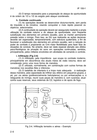 IP 100-1 
2-6 
(5) O tempo necessário para a preparação do ataque de oportunidade 
é da ordem de 1/3 a 1/2 do exigido pelo ataque coordenado. 
h. Combate continuado 
(1) As operações deverão se desenvolver diuturna-mente, sem perda 
da impulsão e da iniciativa, visando conquistar o mais rápido possível os 
objetivos selecionados. 
(2) A continuidade da operação deverá ser assegurada mediante a ampla 
utilização do combate noturno e do ataque de oportunidade, com freqüente 
substituição dos elementos em primeiro escalão, para se manter permanente 
pressão sobre o inimigo. Para isso, as GU que realizarão as ações decisivas 
deverão ser organizadas, temporariamente, com estrutura quaternária, a fim de 
favorecer a substituição dos elementos em primeiro escalão, sem a redução do 
poder de combate e propiciando ao Cmt maior flexibilidade para fazer face às 
situações de conduta. No entanto, deve ser dada especial atenção aos efeitos 
psico-fisiológicos da privação do sono em operações continuadas, sentidos, 
principalmente, pelos militares envolvidos em atividades de comando e controle. 
i. Infiltração (Fig 2-4) 
(1) A infiltração, pela importância que ocupa no combate moderno, 
principalmente em decorrência dos atuais meios de visão noturna, deve ser 
considerada como uma nova forma de manobra. 
(2) É utilizada, normalmente, em combinação com outras formas de 
manobras nos escalões Bda e inferiores. 
(3) O batalhão de infantaria é a tropa mais adequada à realização 
dessa manobra, pela capacidade de infiltrar seu efetivo em pequenos grupos, a 
pé, por via aérea (preferencialmente helicópteros) ou por embarcações e, à 
retaguarda do inimigo, reunir suas peças de manobra e, com surpresa, atuar 
contra suas reservas, seus sistemas de C2, logístico e de apoio de fogo. 
Reorg 
Fig 2-4. Infiltração terrestre e aérea - Exemplo 
2-2 
INI 
Ap F 
Res C² 
Reorg 
Hlcp 
 