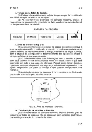 2-2 
2-7 
IP 100-1 
j. Tempo como fator de decisão 
(1) Embora não explicitamente, o fator tempo sempre foi considerado 
em várias estágios do estudo de situação. 
(2) As características dinâmicas do combate moderno, aliadas à 
necessidade de sincronização como fator de êxito, conduzem à inclusão formal 
do tempo como fator de decisão. 
FATORES DA DECISÃO 
MISSÃO INIMIGO TERRENO MEIOS TEMPO 
l. Área de interesse (Fig 2-5) 
(1) A área de interesse se constitui no espaço geográfico contíguo à 
zona de ação do escalão considerado, a respeito do qual o comandante deve 
obter o máximo de informações sobre o inimigo, o terreno e as forças vizinhas, 
com o objetivo de acompanhar o desenvolvimento das operações amigas e 
inimigas próximas à sua zona de ação. 
(2) O Comandante deve obter informações com o escalão superior, 
com seus vizinhos e com seus próprios meios de busca, sobre o que está 
ocorrendo em toda a sua área de interesse. Poderá assim tomar decisões 
oportunas, em especial quanto à sua segurança, evitando ser surpreendido com 
ações inesperadas por parte do inimigo e que possam comprometer sua 
manobra 
(3) A definição da área de interesse é de competência do Cmt e não 
precisa ser autorizada pelo escalão superior. 
Obj 
ZONA DE 
AÇÃO 
x x 
x 
ÁREA DE INTERESSE 
Fig 2-5. Área de interesse (Exemplo) 
m. Combinação de atitudes e direções 
(1) As características do combate moderno, exigindo elevado grau de 
iniciativa por todos os escalões, não se coadunam com conceitos doutrinários 
que restringem a ação do comandante tático. 
 