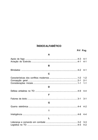 ÍNDICE ALFABÉTICO 
Prf Pag 
A 
Apoio de fogo ..............................................................................4-3 4-1 
Aviação do Exército .....................................................................4-1 4-1 
B 
Blindados ....................................................................................4-2 4-1 
C 
Características dos conflitos modernos ..........................................1-2 1-2 
Concepção geral ..........................................................................2-1 2-1 
Considerações iniciais ..................................................................1-1 1-1 
D 
Defesa antiaérea no TO ...............................................................4-9 4-4 
F 
Fatores de êxito ...........................................................................3-1 3-1 
G 
Guerra eletrônica .........................................................................4-4 4-2 
I 
Inteligência ..................................................................................4-8 4-4 
L 
Liderança e comando em combate ...............................................3-2 3-3 
Logística no TO ...........................................................................4-5 4-2 
 
