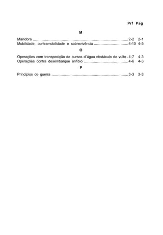 Prf Pag 
M 
Manobra ......................................................................................2-2 2-1 
Mobilidade, contramobilidade e sobrevivência ...............................4-10 4-5 
O 
Operações com transposição de cursos d´água obstáculo de vulto .4-7 4-3 
Operações contra desembarque anfíbio ........................................4-6 4-3 
P 
Princípios de guerra .....................................................................3-3 3-3 
 