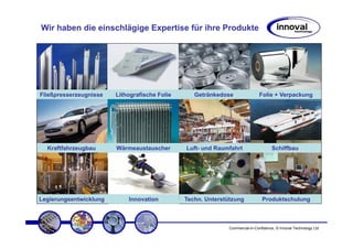 Wir haben die einschlägige Expertise für ihre Produkte




Fließpresserzeugnisse   Lithografische Folie      Getränkedose               Folie + Verpackung




  Kraftfahrzeugbau      Wärmeaustauscher       Luft- und Raumfahrt                  Schiffbau




Legierungsentwicklung       Innovation         Techn. Unterstützung            Produktschulung



                                                             Commercial-in-Confidence, © Innoval Technology Ltd
 