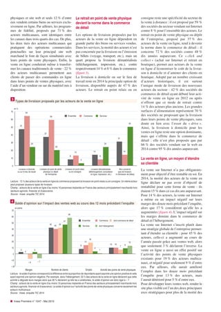 physiques et site web et seuls 12 % d’entre
eux vendent certains biens ou services exclu-
sivement en ligne. Par ailleurs, les program-
mes de fidélité, proposés par 71 % des
acteurs multicanaux, sont identiques entre
les canaux dans trois quarts des cas. De plus,
les deux tiers des acteurs multicanaux qui
pratiquent des opérations commerciales
ponctuelles sur leur principal site web
marchand le font de façon simultanée avec
leurs points de vente physiques. Enfin, la
vente en ligne conduirait même à transfor-
mer les canaux traditionnels de vente : 22 %
des acteurs multicanaux permettent aux
clients de passer des commandes en ligne
dans leurs points de ventes physiques, avec
l’aide d’un vendeur ou sur du matériel mis à
disposition.
Le retrait en point de vente physique
devient la norme dans le commerce
de détail
Les options de livraison proposées par les
acteurs de la vente en ligne dépendent en
grande partie des biens ou services vendus.
Dans les services, la moitié des acteurs n’est
pas concernée par la livraison ou l’émission
de billets (voyage, transport, etc.), mais un
quart propose la livraison dématérialisée
(téléchargement, impression, etc.), contre
respectivement 14 % et 8 % dans le commerce
(figure 3).
La livraison à domicile ou sur le lieu de
travail reste en 2014 la principale option de
livraison, disponible auprès de 47 % des
acteurs. Le retrait en point relais ou en
consigne reste une spécificité du secteur de
la vente à distance : il est proposé par 59 %
des sociétés du secteur vendant sur Internet
contre 8 % pour l’ensemble des acteurs. Le
retrait en point de vente physique ou dépôt
de l’entreprise, proposé par 37 % des
acteurs de la vente en ligne, tend à devenir
la norme dans le commerce de détail : il
concerne 72 % des sociétés contre 48 %
dix années auparavant. Ce « click and
collect » (achat sur Internet et retrait en
boutique), permet aux acteurs de la vente
en ligne d’économiser le coût de la livrai-
son à domicile et d’amener des clients en
boutique. Adopté par un nombre croissant
d’acteurs historiques, il est surtout
l’unique mode de livraison des nouveaux
acteurs du secteur : 42 % des sociétés du
commerce de détail ayant débuté leur acti-
vité de vente en ligne en 2012 ou après
n’offrent que ce mode de retrait contre
14 % des acteurs plus anciens. Les grandes
surfaces d’alimentation représentent 70 %
des sociétés ne proposant que la livraison
dans leurs points de vente physiques, sans
doute en lien avec l’essor du « drive ».
Ainsi, la livraison à domicile pour les
ventes en ligne reste une option dominante,
mais qui s’effrite dans le commerce de
détail : elle n’est plus proposée que par
66 % des sociétés vendant sur le web en
2014 contre 95 % dix années auparavant.
La vente en ligne, un moyen d’étendre
sa clientèle
La vente sur Internet n’a pas obligatoire-
ment pour objectif d’être rentable en soi. En
2014, la moitié des acteurs de la vente en
ligne déclare ne pas avoir d’objectif de
rentabilité pour cette forme de vente : ils
étaient 15 % dans ce cas dix ans auparavant.
Pour 14 % des acteurs, la vente sur Internet
a même eu un impact négatif sur leurs
marges des douze mois précédant l’enquête,
alors que 17 % considèrent qu’elle les a
augmentées (figure 4). L’impact négatif sur
les marges domine dans le commerce de
détail et l’hébergement.
La vente sur Internet s’inscrit plutôt dans
une stratégie globale de l’entreprise permet-
tant d’étendre sa clientèle : pour 45 % des
acteurs, celle-ci a augmenté au cours de
l’année passée grâce aux ventes web, alors
que seulement 3 % déclarent l’inverse. La
vente en ligne a aussi un effet positif sur
l’activité des points de vente physiques
existants pour 19 % des acteurs multica-
naux, et négatif pour seulement 9 % d’entre
eux. Par ailleurs, elle aurait amélioré
l’emploi dans les douze mois précédant
l’enquête pour 13 % des acteurs, mais
l’aurait détérioré pour 5 % d’entre eux.
Pour développer leurs ventes web, rendre le
site plus visible est l’un des deux principaux
axes stratégiques pour plus de la moitié des
Insee Première n° 1547 - Mai 2015
3
Types de livraison proposés par les acteurs de la vente en ligne
Lecture : 13 % des acteurs de la vente en ligne du commerce proposent la livraison en point relais ou en consigne. Un même acteur
peut proposer plusieurs types de livraison.
Champ : acteurs de la vente en ligne d’au moins 10 personnes implantés en France des secteurs principalement marchands hors
secteurs agricole, financier et d’assurance.
Source : Insee, enquête TIC 2014.
4
Solde d’opinion sur l’impact des ventes web au cours des 12 mois précédant l’enquête
Lecture : le solde d’opinion correspond à la différence entre la proportion de répondants ayant exprimé une opinion positive et celle
ayant exprimé une opinion négative. Par exemple, dans l’hébergement, 33 % des acteurs de la vente en ligne déclarent que cette
activité a dégradé leurs marges alors que 26 % déclarent qu’elle les a améliorées, le solde d’opinion est donc égal à – 7.
Champ : acteurs de la vente en ligne d’au moins 10 personnes implantés en France des secteurs principalement marchands hors
secteurs agricole, financier et d’assurance. Le solde d’opinion sur l’activité des points de vente physiques concerne seulement les
acteurs multicanaux.
Source : Insee, enquête TIC 2014.
 