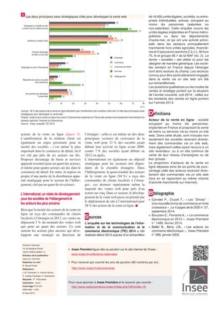 acteurs de la vente en ligne (figure 5).
L’amélioration de la relation client est
également un enjeu prioritaire pour la
moitié des sociétés ; c’est même le plus
important dans le commerce de détail, où il
est cité par près de six acteurs sur dix.
Proposer davantage de biens et services
apparaît essentiel pour un quart des acteurs,
et même pour quatre acteurs sur dix dans le
commerce de détail. En outre, la reprise en
propre d’une partie de la distribution appa-
raît stratégique pour le secteur de l’héber-
gement, cité par un quart de ses acteurs.
L’international,un relaisdedéveloppement
pourlessociétésdel’hébergementet
les acteurs les plus anciens
Bien que la moitié des acteurs de la vente en
ligne ait reçu des commandes de clients
localisés à l’étranger en 2013, ces ventes ne
dépassent 5 % du montant des ventes web
que pour un quart des acteurs. Ce sont
surtout les acteurs plus anciens qui déve-
loppent une stratégie en direction de
l’étranger : celle-ci est même un des deux
principaux vecteurs de croissance de la
vente web pour 21 % des sociétés ayant
débuté leur activité en ligne avant 2009,
contre 7 % des sociétés ayant débuté en
2012 ou après.
L’international est également un objectif
stratégique pour les secteurs très dépen-
dants de la clientèle étrangère. Dans
l’hébergement, la quasi-totalité des acteurs
de la vente en ligne (94 %) a reçu des
commandes de clients localisés à l’étran-
ger ; ces derniers représentent même la
majorité des ventes web pour près d’un
acteur sur cinq. Dans ce secteur, le dévelop-
pement de la vente web passe en priorité par
le déploiement du site à l’international pour
28 % des acteurs de la vente en ligne. n
Sources
L’enquête sur les technologies de l’infor-
mation et de la communication et le
commerce électronique (TIC) 2014 a été
réalisée début 2014 auprès d’un échantillon
de 16 000 unités légales, sociétés ou entre-
prises individuelles, actives, occupant au
moins dix personnes (salariées ou
non-salariées). Cette enquête couvre les
unités légales implantées en France métro-
politaine ou dans les départements
d’outre-mer, et qui ont une activité princi-
pale dans les secteurs principalement
marchands hors unités agricoles, financiè-
res et d’assurance (sections C à J, L, M hors
75, N et groupe 95.1 de la NAF rév. 2). Le
terme « sociétés » est utilisé ici pour les
désigner de manière générique. Les socié-
tés vendant en France depuis l’étranger
sont donc exclues du champ. Les secteurs
connus pour être particulièrement engagés
dans la vente via un site web ont été
sur-échantillonnés.
Les questions qualitatives sur les modes de
ventes et stratégie portent sur la situation
de l’année courante, soit 2014 ; celles sur
les montants des ventes en ligne portent
sur l’année 2013.
Définitions
Acteur de la vente en ligne : société
occupant au moins dix personnes,
implantée en France et proposant la vente
de biens ou services via au moins un site
web. Dans cette étude, sont incluses non
seulement les sociétés recevant directe-
ment des commandes via un site web,
mais également celles ayant recours à un
site revendeur, ou à un site commun de
vente de leur réseau d’enseignes ou de
leur groupe.
La proportion d’acteurs de la vente en
ligne dépasse ainsi de six points de pour-
centage celle des acteurs recevant direc-
tement des commandes via un site web
(tout en se rapportant au même volume
d’activité marchande sur Internet).
Bibliographie
• Carrelet P., Cruzet T., « Les ’’Drives’’ :
Une nouvelle forme de commerce en forte
croissance », Le 4 pages de la DGE n° 37,
septembre 2014.
• Bouziani Z., Ferrante A., « Le commerce
électronique en 2012 », Insee Première
n° 1489, février 2014.
• Ballet B., Berry J-B., « Les acteurs du
commerce électronique », Insee Première
n° 999, janvier 2005.
Direction Générale :
18, bd Adolphe-Pinard
75675 PARIS CEDEX 14
Directeur de la publication :
Jean-Luc Tavernier
Rédacteur en chef :
E. Nauze-Fichet
Rédacteurs :
J.-B. Champion, A. Houlou-Garcia,
C. Lesdos-Cauhapé, V. Quénechdu
Maquette : P. Thibaudeau
Impression : Jouve
Code Sage IP151547
ISSN 0997 - 3192
© Insee 2015
Pour vous abonner à Insee Première et le recevoir par courrier :
http://www.webcommerce.insee.fr/liste.php?idFamille=16
• Insee Première figure dès sa parution sur le site internet de l’Insee :
www.insee.fr/collections-nationales
• Pour recevoir par courriel les avis de parution (60 numéros par an) :
http://www.insee.fr/abonnements
5
Les deux principaux axes stratégiques cités pour développer la vente web
Lecture : 49 % des acteurs de la vente en ligne déclarent que l’amélioration de la relation client est l’un des deux principaux axes
stratégiques pour développer la vente web.
Champ : acteurs de la vente en ligne d’au moins 10 personnes implantés en France des secteurs principalement marchands hors
secteurs agricole, financier et d’assurance.
Source : Insee, enquête TIC 2014.
 