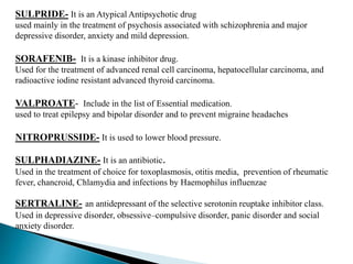 SULPRIDE- It is an Atypical Antipsychotic drug
used mainly in the treatment of psychosis associated with schizophrenia and major
depressive disorder, anxiety and mild depression.
SORAFENIB- It is a kinase inhibitor drug.
Used for the treatment of advanced renal cell carcinoma, hepatocellular carcinoma, and
radioactive iodine resistant advanced thyroid carcinoma.
VALPROATE- Include in the list of Essential medication.
used to treat epilepsy and bipolar disorder and to prevent migraine headaches
NITROPRUSSIDE- It is used to lower blood pressure.
SULPHADIAZINE- It is an antibiotic.
Used in the treatment of choice for toxoplasmosis, otitis media, prevention of rheumatic
fever, chancroid, Chlamydia and infections by Haemophilus influenzae
SERTRALINE- an antidepressant of the selective serotonin reuptake inhibitor class.
Used in depressive disorder, obsessive–compulsive disorder, panic disorder and social
anxiety disorder.
 
