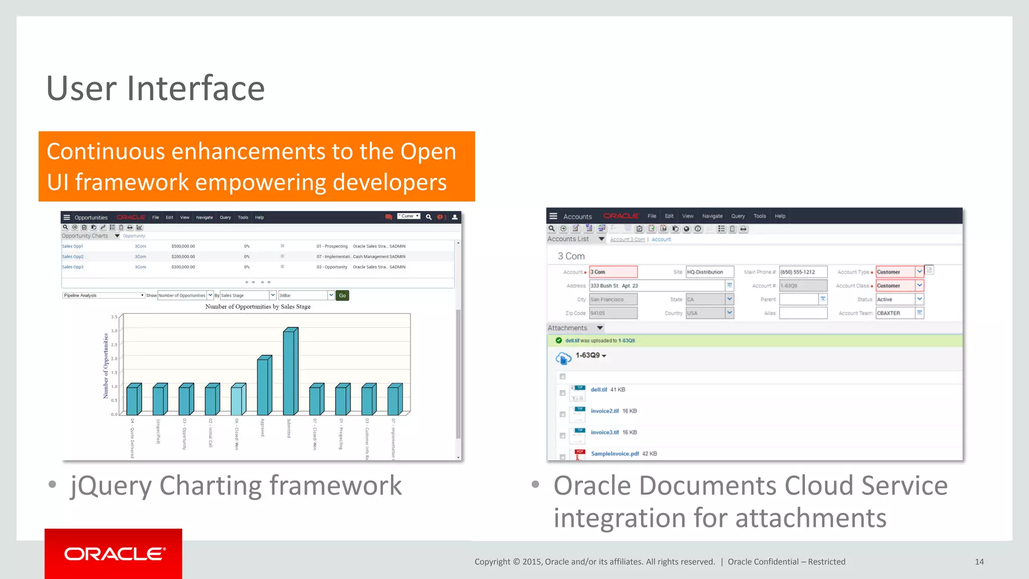 Copyright © 2015, Oracle and/or its affiliates. All rights reserved. | 14
User Interface
Oracle Confidential – Restricted
• jQuery Charting framework
Continuous enhancements to the Open
UI framework empowering developers
• Oracle Documents Cloud Service
integration for attachments
 