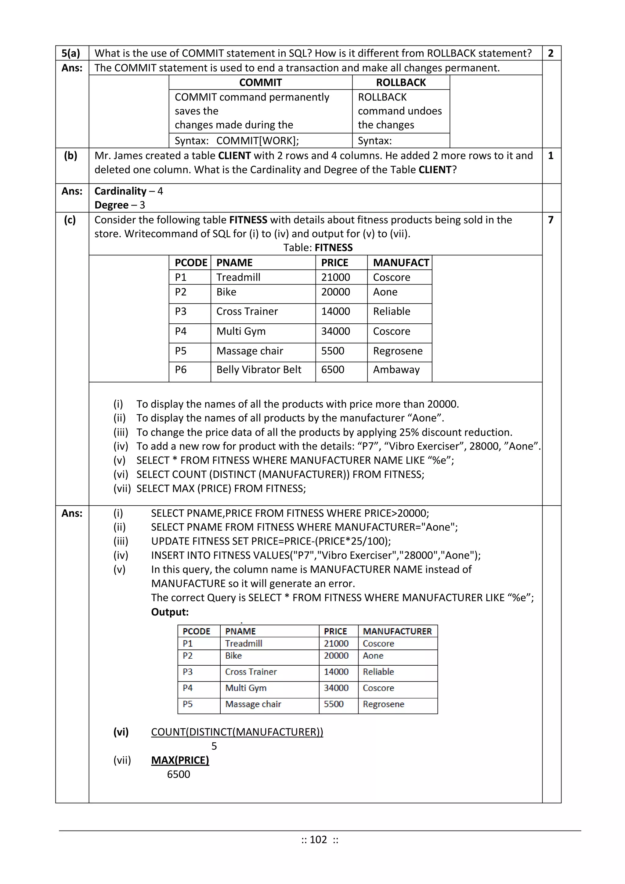 5(a) What is the use of COMMIT statement in SQL? How is it different from ROLLBACK statement? 2
Ans: The COMMIT statement is used to end a transaction and make all changes permanent.
COMMIT ROLLBACK
COMMIT command permanently
saves the
changes made during the
ROLLBACK
command undoes
the changes
Syntax: COMMIT[WORK]; Syntax:
(b) Mr. James created a table CLIENT with 2 rows and 4 columns. He added 2 more rows to it and
deleted one column. What is the Cardinality and Degree of the Table CLIENT?
1
Ans: Cardinality – 4
Degree – 3
(c) Consider the following table FITNESS with details about fitness products being sold in the
store. Writecommand of SQL for (i) to (iv) and output for (v) to (vii).
Table: FITNESS
7
PCODE PNAME PRICE MANUFACT
P1 Treadmill 21000 Coscore
P2 Bike 20000 Aone
P3 Cross Trainer 14000 Reliable
P4 Multi Gym 34000 Coscore
P5 Massage chair 5500 Regrosene
P6 Belly Vibrator Belt 6500 Ambaway
(i) To display the names of all the products with price more than 20000.
(ii) To display the names of all products by the manufacturer “Aone”.
(iii) To change the price data of all the products by applying 25% discount reduction.
(iv) To add a new row for product with the details: “P7”, “Vibro Exerciser”, 28000, ”Aone”.
(v) SELECT * FROM FITNESS WHERE MANUFACTURER NAME LIKE “%e”;
(vi) SELECT COUNT (DISTINCT (MANUFACTURER)) FROM FITNESS;
(vii) SELECT MAX (PRICE) FROM FITNESS;
Ans: (i) SELECT PNAME,PRICE FROM FITNESS WHERE PRICE>20000;
(ii) SELECT PNAME FROM FITNESS WHERE MANUFACTURER="Aone";
(iii) UPDATE FITNESS SET PRICE=PRICE-(PRICE*25/100);
(iv) INSERT INTO FITNESS VALUES("P7","Vibro Exerciser","28000","Aone");
(v) In this query, the column name is MANUFACTURER NAME instead of
MANUFACTURE so it will generate an error.
The correct Query is SELECT * FROM FITNESS WHERE MANUFACTURER LIKE “%e”;
Output:
(vi) COUNT(DISTINCT(MANUFACTURER))
5
(vii) MAX(PRICE)
6500
:: 102 ::
 