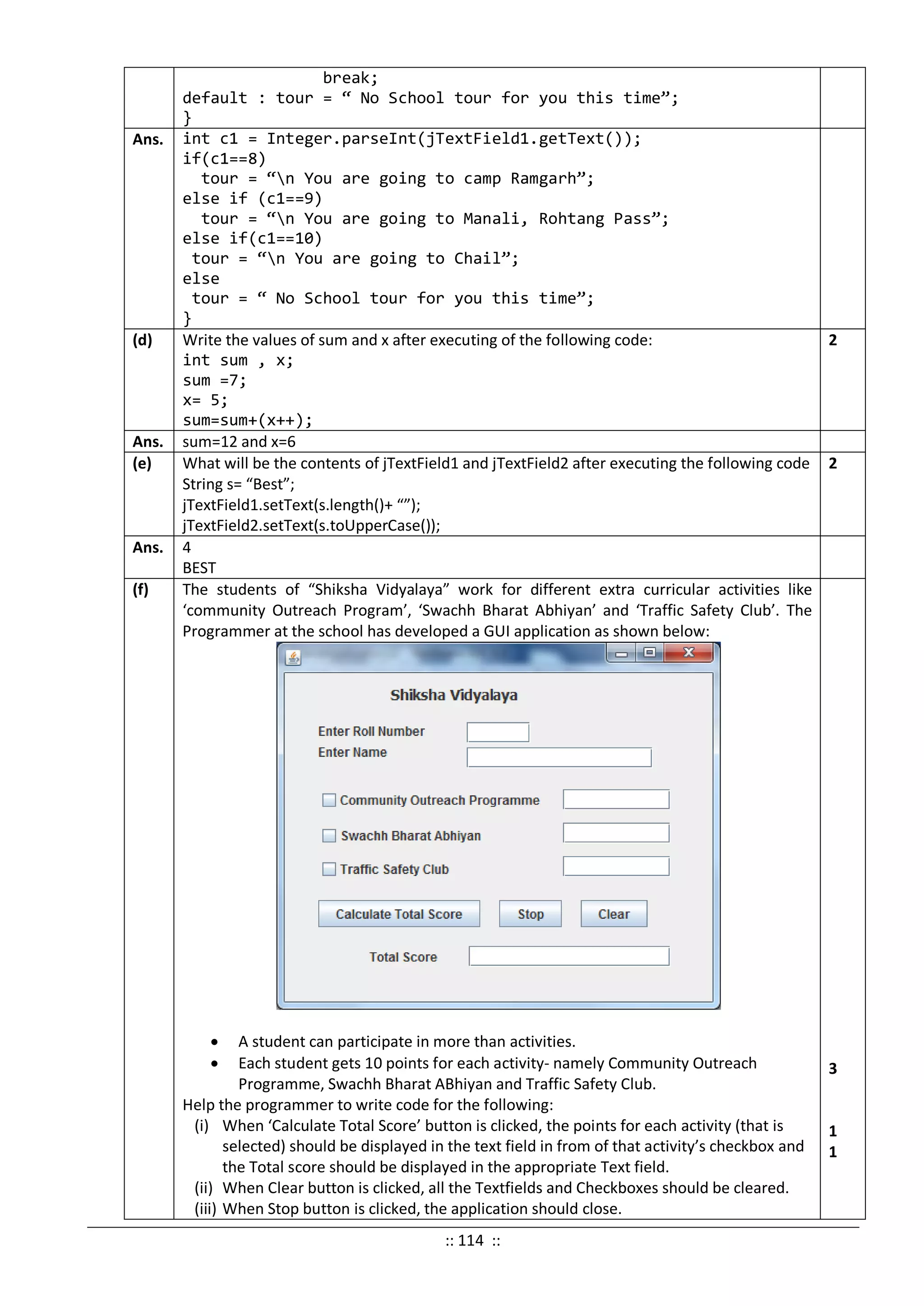break;
default : tour = “ No School tour for you this time”;
}
Ans. int c1 = Integer.parseInt(jTextField1.getText());
if(c1==8)
tour = “n You are going to camp Ramgarh”;
else if (c1==9)
tour = “n You are going to Manali, Rohtang Pass”;
else if(c1==10)
tour = “n You are going to Chail”;
else
tour = “ No School tour for you this time”;
}
(d) Write the values of sum and x after executing of the following code:
int sum , x;
sum =7;
x= 5;
sum=sum+(x++);
2
Ans. sum=12 and x=6
(e) What will be the contents of jTextField1 and jTextField2 after executing the following code
String s= “Best”;
jTextField1.setText(s.length()+ “”);
jTextField2.setText(s.toUpperCase());
2
Ans. 4
BEST
(f) The students of “Shiksha Vidyalaya” work for different extra curricular activities like
‘community Outreach Program’, ‘Swachh Bharat Abhiyan’ and ‘Traffic Safety Club’. The
Programmer at the school has developed a GUI application as shown below:
• A student can participate in more than activities.
• Each student gets 10 points for each activity- namely Community Outreach
Programme, Swachh Bharat ABhiyan and Traffic Safety Club.
Help the programmer to write code for the following:
(i) When ‘Calculate Total Score’ button is clicked, the points for each activity (that is
selected) should be displayed in the text field in from of that activity’s checkbox and
the Total score should be displayed in the appropriate Text field.
(ii) When Clear button is clicked, all the Textfields and Checkboxes should be cleared.
(iii) When Stop button is clicked, the application should close.
3
1
1
:: 114 ::
 