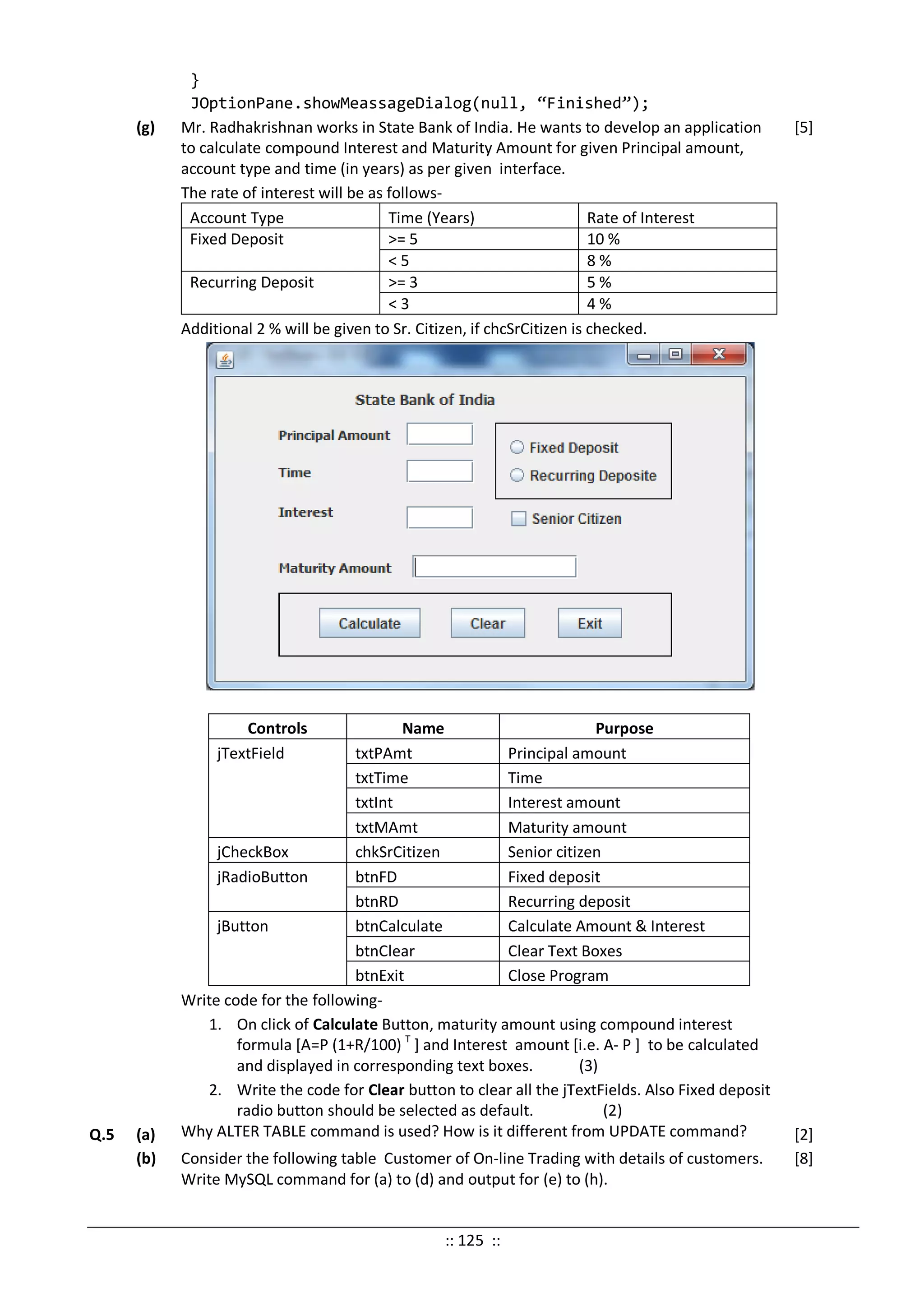 }
JOptionPane.showMeassageDialog(null, “Finished”);
(g) Mr. Radhakrishnan works in State Bank of India. He wants to develop an application
to calculate compound Interest and Maturity Amount for given Principal amount,
account type and time (in years) as per given interface.
The rate of interest will be as follows-
Account Type Time (Years) Rate of Interest
Fixed Deposit >= 5 10 %
< 5 8 %
Recurring Deposit >= 3 5 %
< 3 4 %
Additional 2 % will be given to Sr. Citizen, if chcSrCitizen is checked.
Controls Name Purpose
jTextField txtPAmt Principal amount
txtTime Time
txtInt Interest amount
txtMAmt Maturity amount
jCheckBox chkSrCitizen Senior citizen
jRadioButton btnFD Fixed deposit
btnRD Recurring deposit
jButton btnCalculate Calculate Amount & Interest
btnClear Clear Text Boxes
btnExit Close Program
Write code for the following-
1. On click of Calculate Button, maturity amount using compound interest
formula [A=P (1+R/100) T
] and Interest amount [i.e. A- P ] to be calculated
and displayed in corresponding text boxes. (3)
2. Write the code for Clear button to clear all the jTextFields. Also Fixed deposit
radio button should be selected as default. (2)
[5]
Q.5 (a) Why ALTER TABLE command is used? How is it different from UPDATE command? [2]
(b) Consider the following table Customer of On-line Trading with details of customers.
Write MySQL command for (a) to (d) and output for (e) to (h).
[8]
:: 125 ::
 