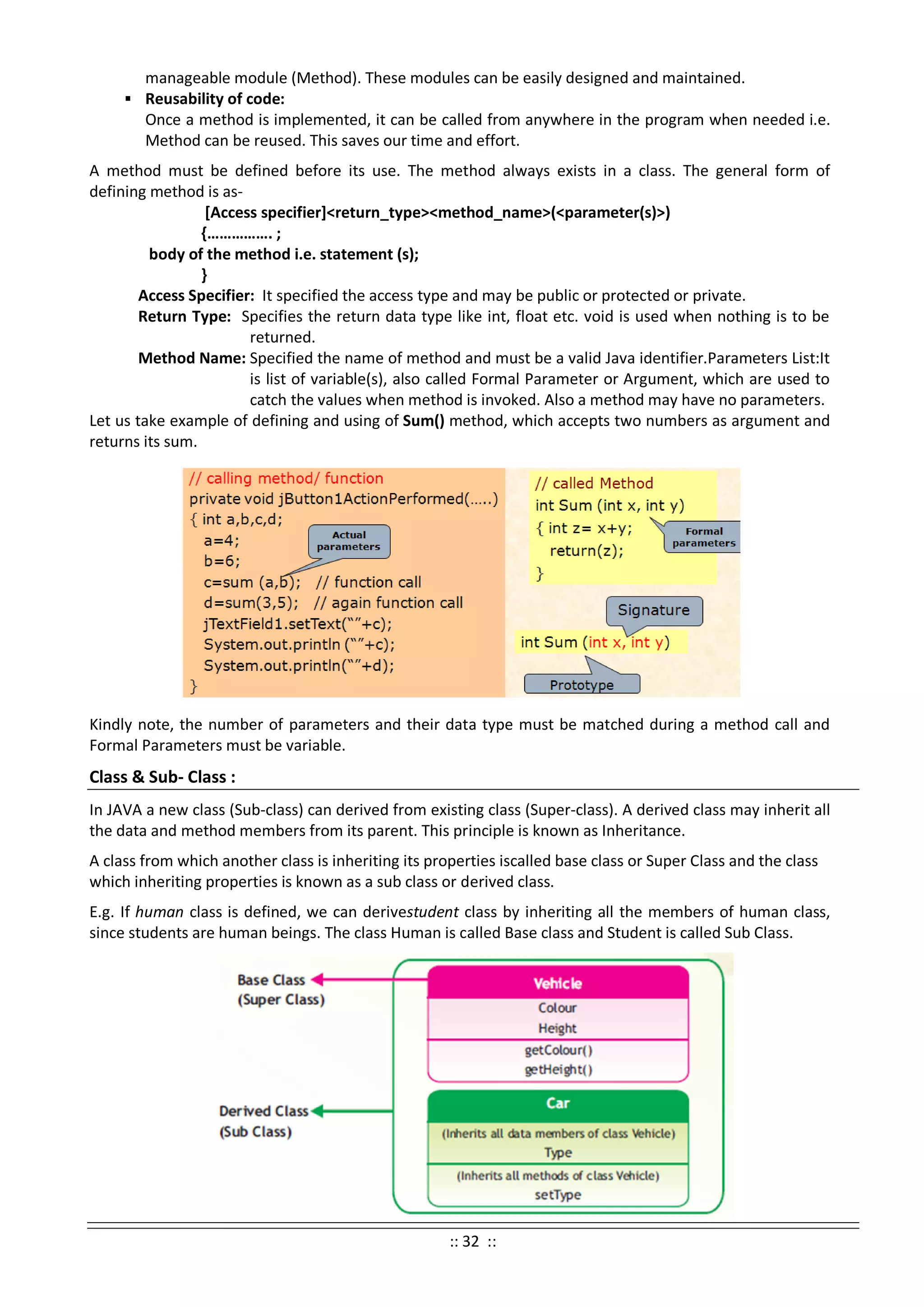 manageable module (Method). These modules can be easily designed and maintained.
 Reusability of code:
Once a method is implemented, it can be called from anywhere in the program when needed i.e.
Method can be reused. This saves our time and effort.
A method must be defined before its use. The method always exists in a class. The general form of
defining method is as-
[Access specifier]<return_type><method_name>(<parameter(s)>)
{……………. ;
body of the method i.e. statement (s);
}
Access Specifier: It specified the access type and may be public or protected or private.
Return Type: Specifies the return data type like int, float etc. void is used when nothing is to be
returned.
Method Name: Specified the name of method and must be a valid Java identifier.Parameters List:It
is list of variable(s), also called Formal Parameter or Argument, which are used to
catch the values when method is invoked. Also a method may have no parameters.
Let us take example of defining and using of Sum() method, which accepts two numbers as argument and
returns its sum.
Kindly note, the number of parameters and their data type must be matched during a method call and
Formal Parameters must be variable.
Class & Sub- Class :
In JAVA a new class (Sub-class) can derived from existing class (Super-class). A derived class may inherit all
the data and method members from its parent. This principle is known as Inheritance.
A class from which another class is inheriting its properties iscalled base class or Super Class and the class
which inheriting properties is known as a sub class or derived class.
E.g. If human class is defined, we can derivestudent class by inheriting all the members of human class,
since students are human beings. The class Human is called Base class and Student is called Sub Class.
:: 32 ::
 