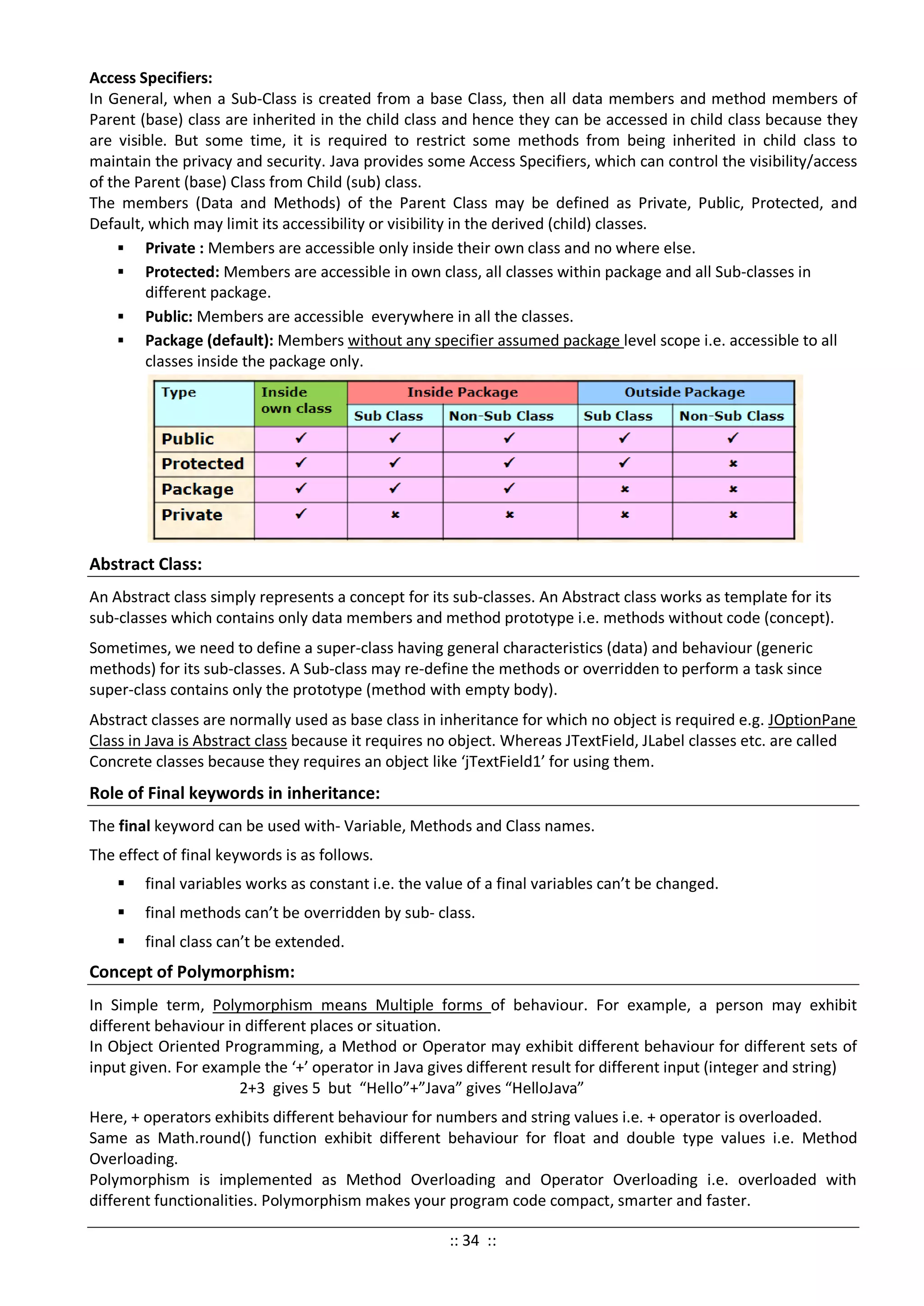 Access Specifiers:
In General, when a Sub-Class is created from a base Class, then all data members and method members of
Parent (base) class are inherited in the child class and hence they can be accessed in child class because they
are visible. But some time, it is required to restrict some methods from being inherited in child class to
maintain the privacy and security. Java provides some Access Specifiers, which can control the visibility/access
of the Parent (base) Class from Child (sub) class.
The members (Data and Methods) of the Parent Class may be defined as Private, Public, Protected, and
Default, which may limit its accessibility or visibility in the derived (child) classes.
 Private : Members are accessible only inside their own class and no where else.
 Protected: Members are accessible in own class, all classes within package and all Sub-classes in
different package.
 Public: Members are accessible everywhere in all the classes.
 Package (default): Members without any specifier assumed package level scope i.e. accessible to all
classes inside the package only.
Abstract Class:
An Abstract class simply represents a concept for its sub-classes. An Abstract class works as template for its
sub-classes which contains only data members and method prototype i.e. methods without code (concept).
Sometimes, we need to define a super-class having general characteristics (data) and behaviour (generic
methods) for its sub-classes. A Sub-class may re-define the methods or overridden to perform a task since
super-class contains only the prototype (method with empty body).
Abstract classes are normally used as base class in inheritance for which no object is required e.g. JOptionPane
Class in Java is Abstract class because it requires no object. Whereas JTextField, JLabel classes etc. are called
Concrete classes because they requires an object like ‘jTextField1’ for using them.
Role of Final keywords in inheritance:
The final keyword can be used with- Variable, Methods and Class names.
The effect of final keywords is as follows.
 final variables works as constant i.e. the value of a final variables can’t be changed.
 final methods can’t be overridden by sub- class.
 final class can’t be extended.
Concept of Polymorphism:
In Simple term, Polymorphism means Multiple forms of behaviour. For example, a person may exhibit
different behaviour in different places or situation.
In Object Oriented Programming, a Method or Operator may exhibit different behaviour for different sets of
input given. For example the ‘+’ operator in Java gives different result for different input (integer and string)
2+3 gives 5 but “Hello”+”Java” gives “HelloJava”
Here, + operators exhibits different behaviour for numbers and string values i.e. + operator is overloaded.
Same as Math.round() function exhibit different behaviour for float and double type values i.e. Method
Overloading.
Polymorphism is implemented as Method Overloading and Operator Overloading i.e. overloaded with
different functionalities. Polymorphism makes your program code compact, smarter and faster.
:: 34 ::
 