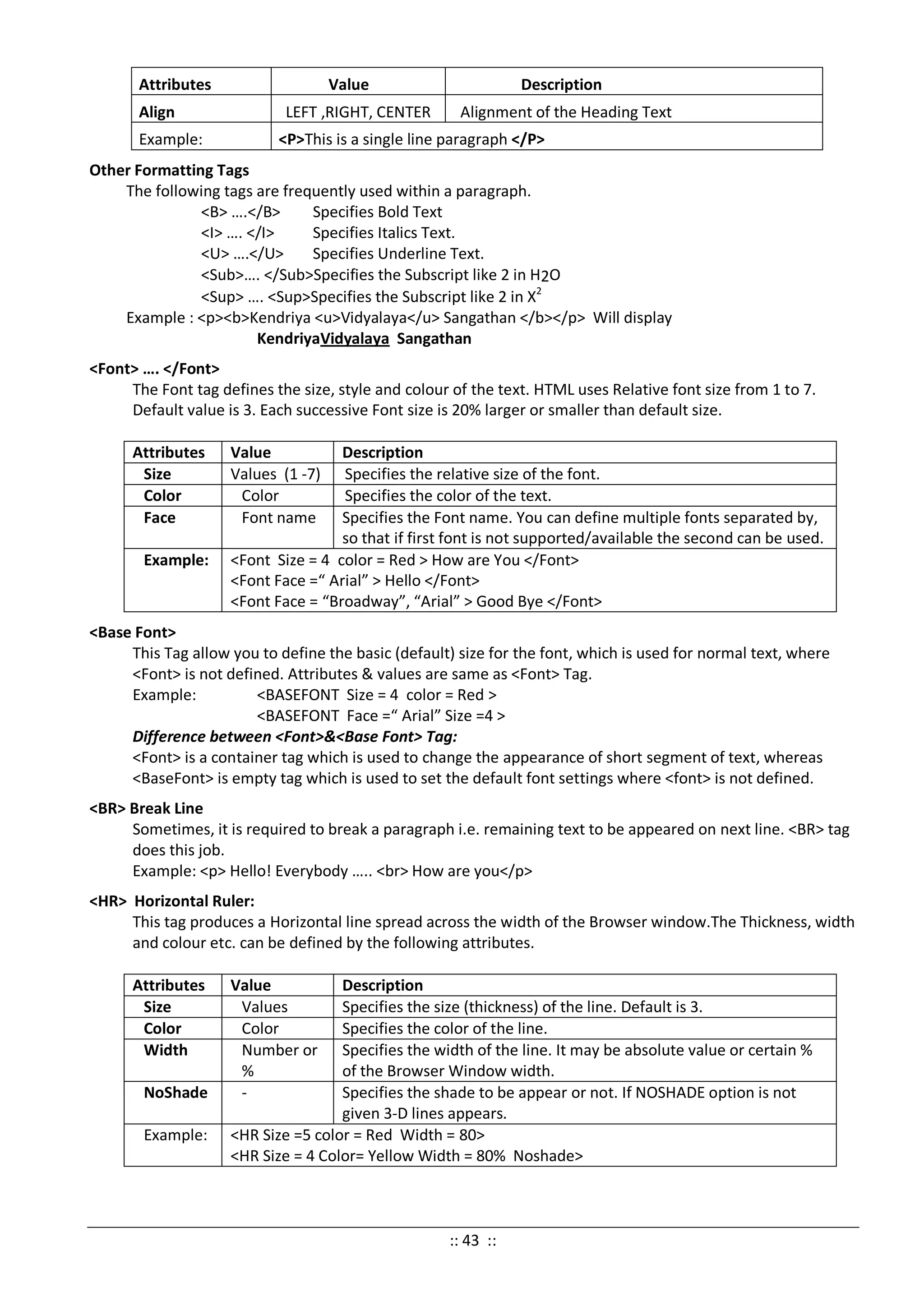 Attributes Value Description
Align LEFT ,RIGHT, CENTER Alignment of the Heading Text
Example: <P>This is a single line paragraph </P>
Other Formatting Tags
The following tags are frequently used within a paragraph.
<B> ….</B> Specifies Bold Text
<I> …. </I> Specifies Italics Text.
<U> ….</U> Specifies Underline Text.
<Sub>…. </Sub>Specifies the Subscript like 2 in H2O
<Sup> …. <Sup>Specifies the Subscript like 2 in X2
Example : <p><b>Kendriya <u>Vidyalaya</u> Sangathan </b></p> Will display
KendriyaVidyalaya Sangathan
<Font> …. </Font>
The Font tag defines the size, style and colour of the text. HTML uses Relative font size from 1 to 7.
Default value is 3. Each successive Font size is 20% larger or smaller than default size.
Attributes Value Description
Size Values (1 -7) Specifies the relative size of the font.
Color Color Specifies the color of the text.
Face Font name Specifies the Font name. You can define multiple fonts separated by,
so that if first font is not supported/available the second can be used.
Example: <Font Size = 4 color = Red > How are You </Font>
<Font Face =“ Arial” > Hello </Font>
<Font Face = “Broadway”, “Arial” > Good Bye </Font>
<Base Font>
This Tag allow you to define the basic (default) size for the font, which is used for normal text, where
<Font> is not defined. Attributes & values are same as <Font> Tag.
Example: <BASEFONT Size = 4 color = Red >
<BASEFONT Face =“ Arial” Size =4 >
Difference between <Font>&<Base Font> Tag:
<Font> is a container tag which is used to change the appearance of short segment of text, whereas
<BaseFont> is empty tag which is used to set the default font settings where <font> is not defined.
<BR> Break Line
Sometimes, it is required to break a paragraph i.e. remaining text to be appeared on next line. <BR> tag
does this job.
Example: <p> Hello! Everybody ….. <br> How are you</p>
<HR> Horizontal Ruler:
This tag produces a Horizontal line spread across the width of the Browser window.The Thickness, width
and colour etc. can be defined by the following attributes.
Attributes Value Description
Size Values Specifies the size (thickness) of the line. Default is 3.
Color Color Specifies the color of the line.
Width Number or
%
Specifies the width of the line. It may be absolute value or certain %
of the Browser Window width.
NoShade - Specifies the shade to be appear or not. If NOSHADE option is not
given 3-D lines appears.
Example: <HR Size =5 color = Red Width = 80>
<HR Size = 4 Color= Yellow Width = 80% Noshade>
:: 43 ::
 