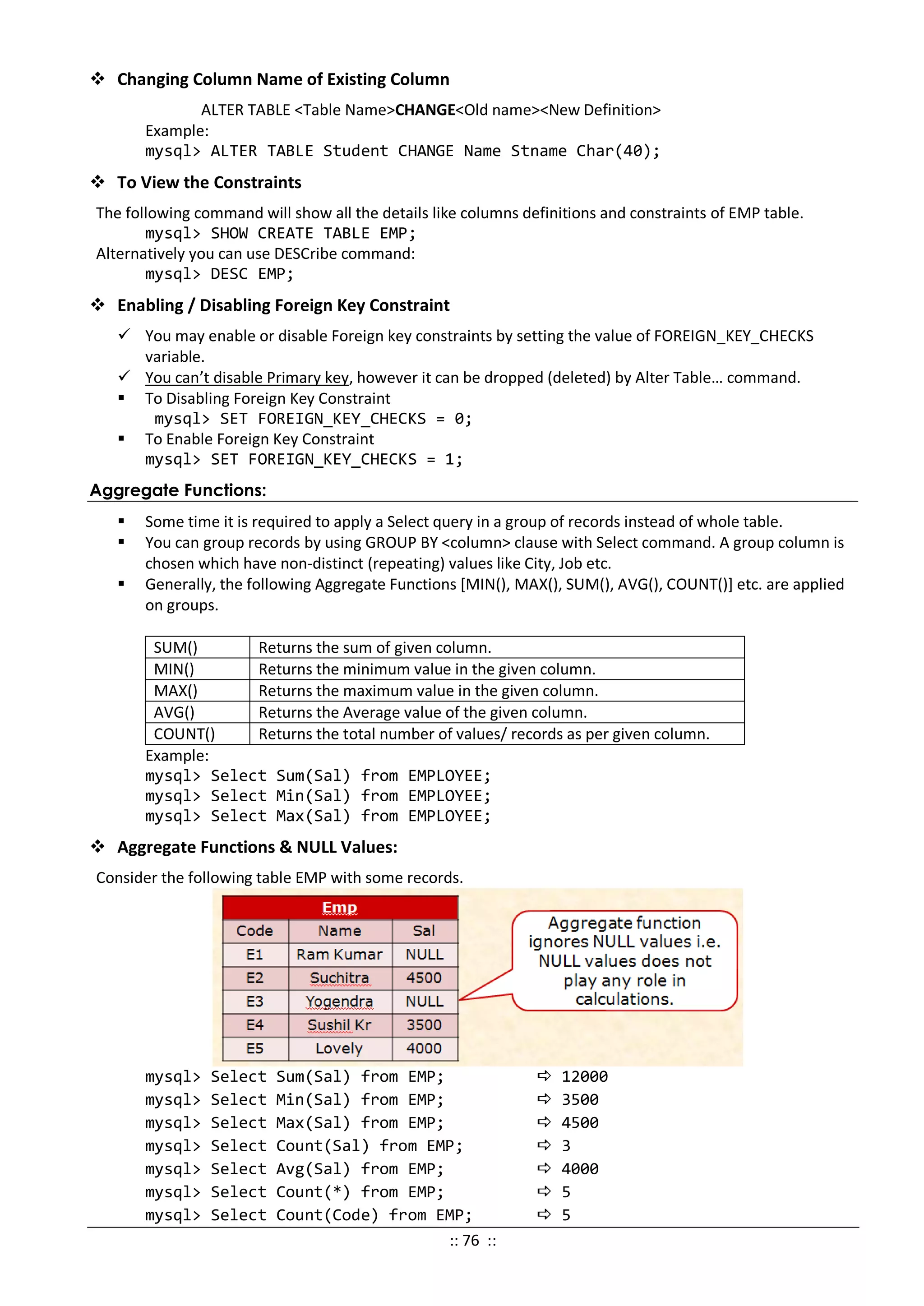  Changing Column Name of Existing Column
ALTER TABLE <Table Name>CHANGE<Old name><New Definition>
Example:
mysql> ALTER TABLE Student CHANGE Name Stname Char(40);
 To View the Constraints
The following command will show all the details like columns definitions and constraints of EMP table.
mysql> SHOW CREATE TABLE EMP;
Alternatively you can use DESCribe command:
mysql> DESC EMP;
 Enabling / Disabling Foreign Key Constraint
 You may enable or disable Foreign key constraints by setting the value of FOREIGN_KEY_CHECKS
variable.
 You can’t disable Primary key, however it can be dropped (deleted) by Alter Table… command.
 To Disabling Foreign Key Constraint
mysql> SET FOREIGN_KEY_CHECKS = 0;
 To Enable Foreign Key Constraint
mysql> SET FOREIGN_KEY_CHECKS = 1;
Aggregate Functions:
 Some time it is required to apply a Select query in a group of records instead of whole table.
 You can group records by using GROUP BY <column> clause with Select command. A group column is
chosen which have non-distinct (repeating) values like City, Job etc.
 Generally, the following Aggregate Functions [MIN(), MAX(), SUM(), AVG(), COUNT()] etc. are applied
on groups.
SUM() Returns the sum of given column.
MIN() Returns the minimum value in the given column.
MAX() Returns the maximum value in the given column.
AVG() Returns the Average value of the given column.
COUNT() Returns the total number of values/ records as per given column.
Example:
mysql> Select Sum(Sal) from EMPLOYEE;
mysql> Select Min(Sal) from EMPLOYEE;
mysql> Select Max(Sal) from EMPLOYEE;
 Aggregate Functions & NULL Values:
Consider the following table EMP with some records.
mysql> Select Sum(Sal) from EMP;  12000
mysql> Select Min(Sal) from EMP;  3500
mysql> Select Max(Sal) from EMP;  4500
mysql> Select Count(Sal) from EMP;  3
mysql> Select Avg(Sal) from EMP;  4000
mysql> Select Count(*) from EMP;  5
mysql> Select Count(Code) from EMP;  5
:: 76 ::
 
