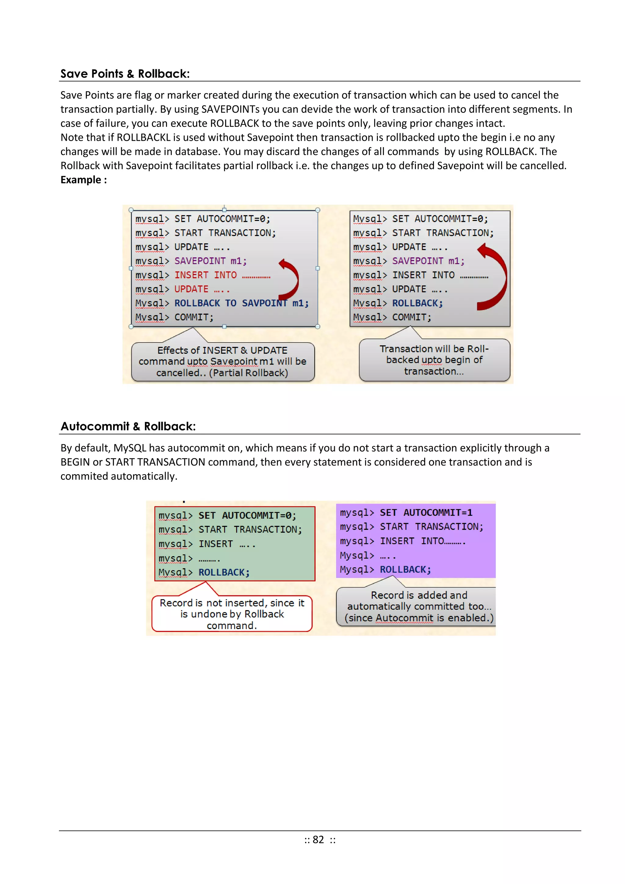 Save Points & Rollback:
Save Points are flag or marker created during the execution of transaction which can be used to cancel the
transaction partially. By using SAVEPOINTs you can devide the work of transaction into different segments. In
case of failure, you can execute ROLLBACK to the save points only, leaving prior changes intact.
Note that if ROLLBACKL is used without Savepoint then transaction is rollbacked upto the begin i.e no any
changes will be made in database. You may discard the changes of all commands by using ROLLBACK. The
Rollback with Savepoint facilitates partial rollback i.e. the changes up to defined Savepoint will be cancelled.
Example :
Autocommit & Rollback:
By default, MySQL has autocommit on, which means if you do not start a transaction explicitly through a
BEGIN or START TRANSACTION command, then every statement is considered one transaction and is
commited automatically.
:: 82 ::
 