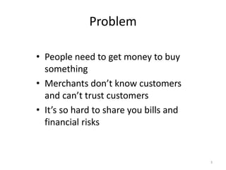 Problem

• People need to get money to buy
  something
• Merchants don’t know customers
  and can’t trust customers
• It’s...