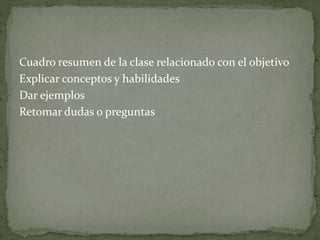Cuadro resumen de la clase relacionado con el objetivo
Explicar conceptos y habilidades
Dar ejemplos
Retomar dudas o preguntas
 