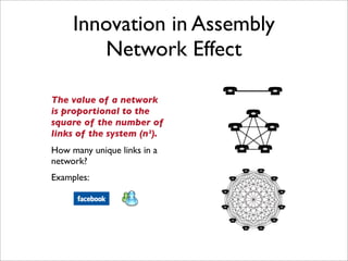 Innovation in Assembly
        Network Effect

The value of a network
is proportional to the
square of the number of
links of the system (n!).
How many unique links in a
network?
Examples:
 