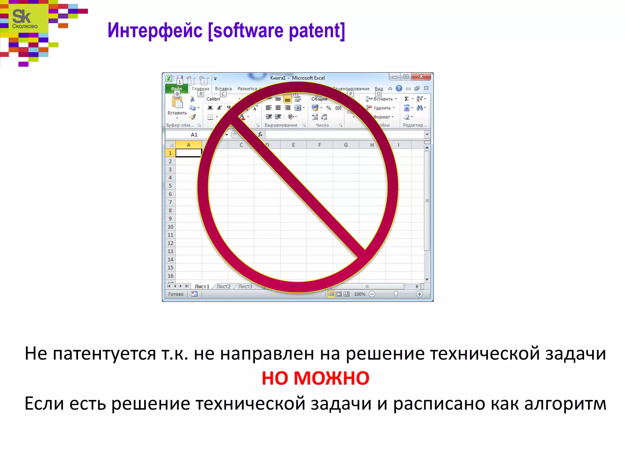 Интерфейс [software patent]
Не патентуется т.к. не направлен на решение технической задачи
НО МОЖНО
Если есть решение технической задачи и расписано как алгоритм
 