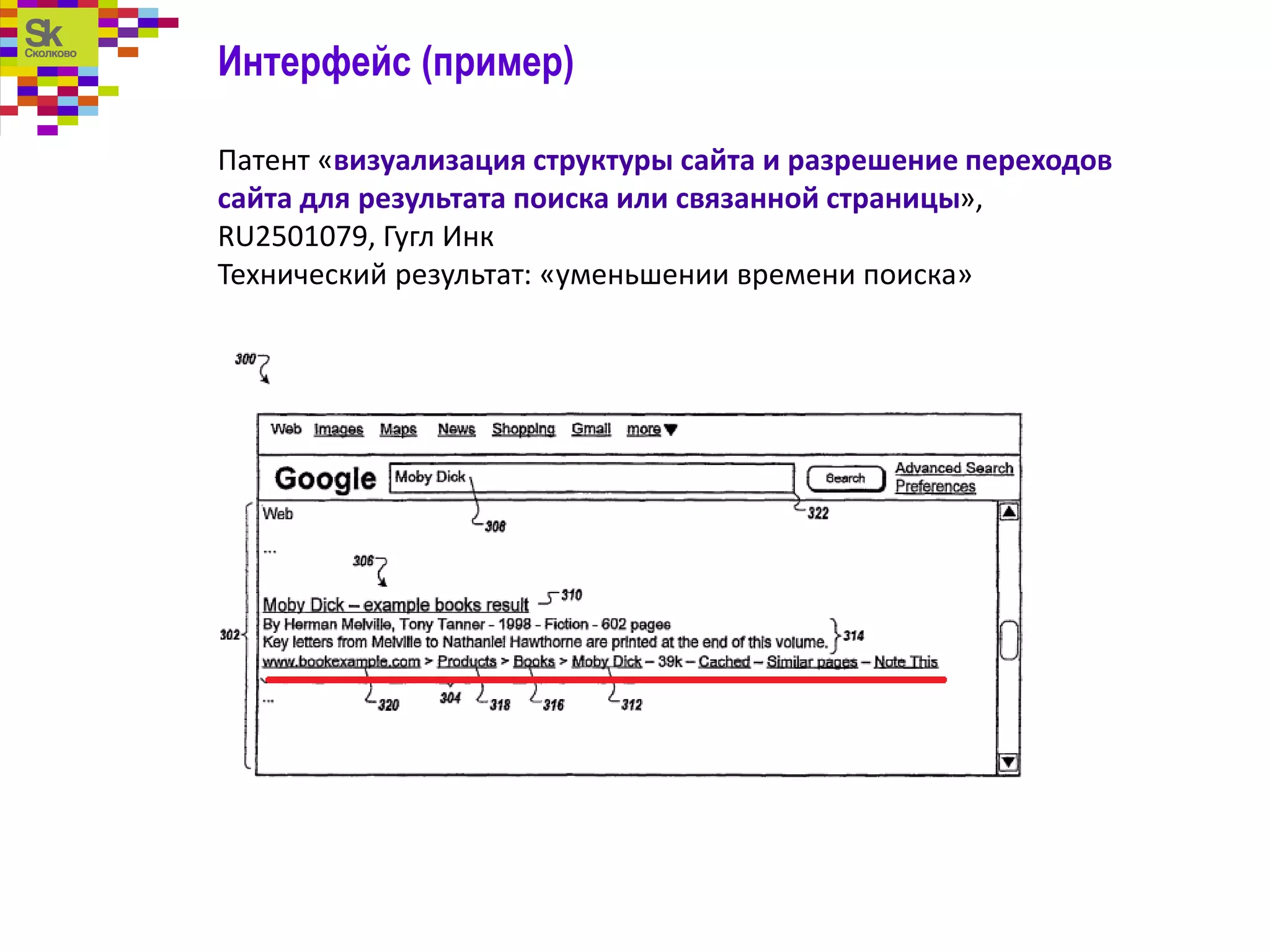 Интерфейс (пример)
Патент «визуализация структуры сайта и разрешение переходов
сайта для результата поиска или связанной страницы»,
RU2501079, Гугл Инк
Технический результат: «уменьшении времени поиска»
 