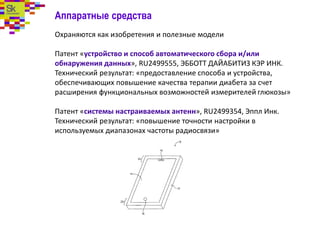 Аппаратные средства
Охраняются как изобретения и полезные модели
Патент «устройство и способ автоматического сбора и/или
обнаружения данных», RU2499555, ЭББОТТ ДАЙАБИТИЗ КЭР ИНК.
Технический результат: «предоставление способа и устройства,
обеспечивающих повышение качества терапии диабета за счет
расширения функциональных возможностей измерителей глюкозы»
Патент «системы настраиваемых антенн», RU2499354, Эппл Инк.
Технический результат: «повышение точности настройки в
используемых диапазонах частоты радиосвязи»
 