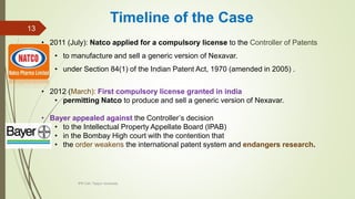 • 2011 (July): Natco applied for a compulsory license to the Controller of Patents
• to manufacture and sell a generic version of Nexavar.
• under Section 84(1) of the Indian Patent Act, 1970 (amended in 2005) .
• 2012 (March): First compulsory license granted in india
• permitting Natco to produce and sell a generic version of Nexavar.
• Bayer appealed against the Controller’s decision
• to the Intellectual Property Appellate Board (IPAB)
• in the Bombay High court with the contention that
• the order weakens the international patent system and endangers research.
IPR Cell, Tezpur University
13
Timeline of the Case
 