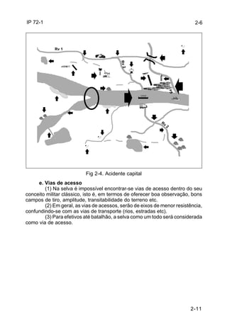 IP 72-1 
2-11 
Fig 2-4. Acidente capital 
e. Vias de acesso 
(1) Na selva é impossível encontrar-se vias de acesso dentro do seu 
conceito militar clássico, isto é, em termos de oferecer boa observação, bons 
campos de tiro, amplitude, transitabilidade do terreno etc. 
(2) Em geral, as vias de acessos, serão de eixos de menor resistência, 
confundindo-se com as vias de transporte (rios, estradas etc). 
(3) Para efetivos até batalhão, a selva como um todo será considerada 
como via de acesso. 
2-6 
- - 
- - 
- - 
- - 
- - 
- - 
- - 
- - 
Rv 1 
Rv 2 
Rv 2 
 