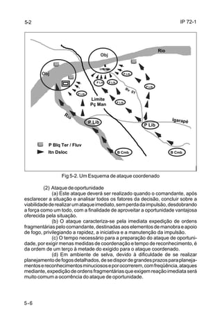 IP 72-1 
5-2 
5-6 
Obj 
P Lib P Lib 
Limite 
Pç Man 
P Lib 
P Lib 
P Lib 
Rv 01 
P Lib P Lib 
Rio 
Igarapé 
B Cmb B Cmb 
P Lib 
Rio 
P Blq Ter / Fluv 
Itn Dsloc 
Fig 5-2. Um Esquema de ataque coordenado 
Obj 
(2) Ataque de oportunidade 
(a) Este ataque deverá ser realizado quando o comandante, após 
esclarecer a situação e analisar todos os fatores da decisão, concluir sobre a 
viabilidade de realizar um ataque imediato, sem perda da impulsão, desdobrando 
a força como um todo, com a finalidade de aproveitar a oportunidade vantajosa 
oferecida pela situação. 
(b) O ataque caracteriza-se pela imediata expedição de ordens 
fragmentárias pelo comandante, destinadas aos elementos de manobra e apoio 
de fogo, privilegiando a rapidez, a iniciativa e a manutenção da impulsão. 
(c) O tempo necessário para a preparação do ataque de oportuni-dade, 
por exigir menas medidas de coordenação e tempo de reconhecimento, é 
da ordem de um terço à metade do exigido para o ataque coordenado. 
(d) Em ambiente de selva, devido à dificuldade de se realizar 
planejamento de fogos detalhados, de se dispor de grandes prazos para planeja-mentos 
e reconhecimentos minuciosos e por ocorrerem, com freqüência, ataques 
mediante, expedição de ordens fragmentárias que exigem reação imediata será 
muito comum a ocorrência do ataque de oportunidade. 
 