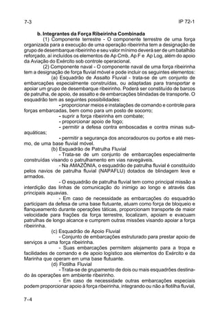 IP 72-1 
7-3 
7-4 
b. Integrantes da Força Ribeirinha Combinada 
(1) Componente terrestre - O componente terrestre de uma força 
organizada para a execução de uma operação ribeirinha tem a designação de 
grupo de desembarque ribeirinho e seu valor mínimo deverá ser de um batalhão 
reforçado, aí incluídos os elementos de Ap Cmb, Ap F e Ap Log, além do apoio 
da Aviação do Exército sob controle operacional. 
(2) Componente naval - O componente naval de uma força ribeirinha 
tem a designação de força fluvial móvel e pode incluir os seguintes elementos: 
(a) Esquadrão de Assalto Fluvial - trata-se de um conjunto de 
embarcações especialmente construídas, ou adaptadas para transportar e 
apoiar um grupo de desembarque ribeirinho. Poderá ser constituído de barcos 
de patrulha, de apoio, de assalto e de embarcações blindadas de transporte. O 
esquadrão tem as seguintes possibilidades: 
- proporcionar meios e instalações de comando e controle para 
forças embarcadas, bem como para um posto de socorro; 
- suprir a força ribeirinha em combate; 
- proporcionar apoio de fogo; 
- permitir a defesa contra emboscadas e contra minas sub-aquáticas; 
- permitir a segurança dos ancoradouros ou portos e até mes-mo, 
de uma base fluvial móvel. 
(b) Esquadrão de Patrulha Fluvial 
- Trata-se de um conjunto de embarcações especialmente 
construídas visando o patrulhamento em vias navegáveis. 
- Na AMAZÔNIA, o esquadrão de patrulha fluvial é constituído 
pelos navios de patrulha fluvial (NAPAFLU) dotados de blindagem leve e 
armados. 
- O esquadrão de patrulha fluvial tem como principal missão a 
interdição das linhas de comunicação do inimigo ao longo e através das 
principais aquavias. 
- Em caso de necessidade as embarcações do esquadrão 
participam da defesa de uma base flutuante, atuam como força de bloqueio e 
flanqueamento durante operações táticas, proporcionam transporte de maior 
velocidade para frações da força terrestre, localizam, apoiam e evacuam 
patrulhas de longo alcance e cumprem outras missões visando apoiar a força 
ribeirinha. 
(c) Esquadrão de Apoio Fluvial 
- Conjunto de embarcações estruturado para prestar apoio de 
serviços a uma força ribeirinha. 
- Suas embarcações permitem alojamento para a tropa e 
facilidades de comando e de apoio logístico aos elementos do Exército e da 
Marinha que operam em uma base flutuante. 
(d) Flotilha Fluvial 
- Trata-se de grupamento de dois ou mais esquadrões destina-do 
às operações em ambiente ribeirinho. 
- Em caso de necessidade outras embarcações especiais 
podem proporcionar apoio à força ribeirinha, integrando ou não a flotilha fluvial, 
 