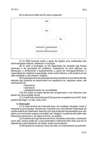 IP 72-1 
10-3 
10-3 
(6) A estrutura militar da AC será a seguinte: 
CMA 
CAC 
EM 
UNIDADES, SUBUNIDADES 
E 
EQUIPES ESPECIALIZADAS 
(7) O CMA buscará ainda o apoio de órgãos e/ou instituições das 
administrações federal, estadual e municipal. 
(8) O valor a empregar na AC dependerá da situação das forças 
adversas e da gravidade do problema. Analisando os seus efetivos, as 
lideranças, o armamento e equipamentos, o apoio de narcoguerrilheiros, a 
capacidade de mobilizar a população, entre outros fatores, a AC poderá ser de 
valor batalhão e até mesmo, brigada. 
(9) O planejamento da operação deverá considerar a ocorrência de três 
atitudes que poderão se desenvolver em seqüência ou, algumas vezes, até 
sobrepondo-se: 
- dissuasiva; 
- repressiva; 
- restabelecimento da normalidade. 
(10) Em todas as fases deverá ser programado o uso intensivo das 
ações de comunicação social. 
(11) A definição dos limites da Z Op será de competência do CAC. Esta 
poderá abranger, ou não, toda a AC. 
b. Execução 
(1) A tropa deverá ser instruída para, em qualquer situação, evitar a 
resposta a provocações. Deverá ser mostrado que uma atitude impensada de 
revide poderá ser explorada, fazendo com que a parcela da população que não 
aderiu ao movimento, passe a acreditar nos “slogans” e palavras de ordem das 
lideranças adversas e, de alguma forma, os ajudem. 
(2) A atitude da tropa deverá ser firme, decidida e educada, mostrando 
quem são, porque estão ali, o que pretendem e deixando bem claro que só os 
agitadores e perturbadores da ordem serão incomodados. 
(3) Enquanto for possível, deve ser feito um chamamento ao patriotis- 
 