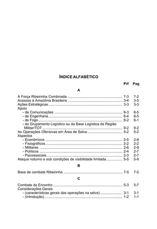 ÍNDICE ALFABÉTICO 
Prf Pag 
A 
A Força Ribeirinha Combinada ....................................................... 7-3 7-2 
Acessos à Amazônia Brasileira ....................................................... 3-4 3-5 
Ações Estratégicas .......................................................................... 3-3 3-3 
Apoio 
- de Comunicações .................................................................... 8-3 8-5 
- de Engenharia .......................................................................... 8-4 8-5 
- de Fogo .................................................................................... 8-2 8-1 
- do Grupamento Logístico ou da Base Logística da Região 
Militar/TOT ................................................................................ 9-2 9-2 
As Operações Ofensivas em Área de Selva ................................... 5-2 5-2 
Aspectos 
- Econômicos ............................................................................. 2-5 2-8 
- Fisiográficos ............................................................................. 2-2 2-2 
- Militares ................................................................................... 2-6 2-9 
- Políticos ................................................................................... 2-4 2-7 
- Psicossociais............................................................................ 2-3 2-7 
Ataque noturno e sob condições de visibilidade limitada ................ 5-5 5-9 
B 
Base de combate Ribeirinha ........................................................... 7-5 7-5 
C 
Combate de Encontro ..................................................................... 5-3 5-7 
Considerações Gerais 
- (características gerais das operações na selva) ...................... 3-1 3-1 
- (introdução) .............................................................................. 1-2 1-1 
 