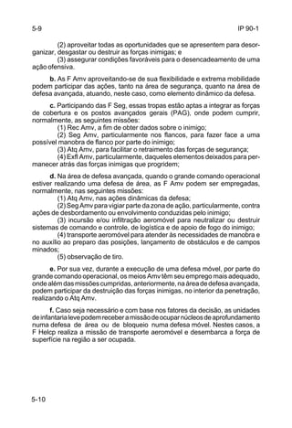 IP 90-1 
5-9 
5-10 
(2) aproveitar todas as oportunidades que se apresentem para desor-ganizar, 
desgastar ou destruir as forças inimigas; e 
(3) assegurar condições favoráveis para o desencadeamento de uma 
ação ofensiva. 
b. As F Amv aproveitando-se de sua flexibilidade e extrema mobilidade 
podem participar das ações, tanto na área de segurança, quanto na área de 
defesa avançada, atuando, neste caso, como elemento dinâmico da defesa. 
c. Participando das F Seg, essas tropas estão aptas a integrar as forças 
de cobertura e os postos avançados gerais (PAG), onde podem cumprir, 
normalmente, as seguintes missões: 
(1) Rec Amv, a fim de obter dados sobre o inimigo; 
(2) Seg Amv, particularmente nos flancos, para fazer face a uma 
possível manobra de flanco por parte do inimigo; 
(3) Atq Amv, para facilitar o retraimento das forças de segurança; 
(4) Exfl Amv, particularmente, daqueles elementos deixados para per-manecer 
atrás das forças inimigas que progridem; 
d. Na área de defesa avançada, quando o grande comando operacional 
estiver realizando uma defesa de área, as F Amv podem ser empregadas, 
normalmente, nas seguintes missões: 
(1) Atq Amv, nas ações dinâmicas da defesa; 
(2) Seg Amv para vigiar parte da zona de ação, particularmente, contra 
ações de desbordamento ou envolvimento conduzidas pelo inimigo; 
(3) incursão e/ou infiltração aeromóvel para neutralizar ou destruir 
sistemas de comando e controle, de logística e de apoio de fogo do inimigo; 
(4) transporte aeromóvel para atender às necessidades de manobra e 
no auxílio ao preparo das posições, lançamento de obstáculos e de campos 
minados; 
(5) observação de tiro. 
e. Por sua vez, durante a execução de uma defesa móvel, por parte do 
grande comando operacional, os meios Amv têm seu emprego mais adequado, 
onde além das missões cumpridas, anteriormente, na área de defesa avançada, 
podem participar da destruição das forças inimigas, no interior da penetração, 
realizando o Atq Amv. 
f. Caso seja necessário e com base nos fatores da decisão, as unidades 
de infantaria leve podem receber a missão de ocupar núcleos de aprofundamento 
numa defesa de área ou de bloqueio numa defesa móvel. Nestes casos, a 
F Helcp realiza a missão de transporte aeromóvel e desembarca a força de 
superfície na região a ser ocupada. 
 