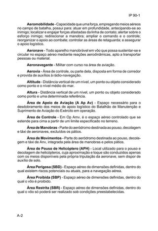 IP 90-1 
A-2 
Aeromobilidade - Capacidade que uma força, empregando meios aéreos 
no campo de batalha, possui para: atuar em profundidade, antecipando-se ao 
inimigo; localizar e engajar forças afastadas da linha de contato; alertar sobre o 
esforço inimigo; redirecionar a manobra; ampliar o comando e o controle; 
reorganizar o apoio ao combate; controlar as áreas de retaguarda; e assegurar 
o apoio logístico. 
Aeronave - Todo aparelho manobrável em vôo que possa sustentar-se e 
circular no espaço aéreo mediante reações aerodinâmicas, apto a transportar 
pessoas ou material. 
Aeronavegante - Militar com curso na área de aviação. 
Aerovia - Área de controle, ou parte dela, disposta em forma de corredor 
e provida de auxílios à rádio-navegação. 
Altitude - Distância vertical de um nível, um ponto ou objeto considerado 
como ponto e o nível médio do mar. 
Altura - Distância vertical de um nível, um ponto ou objeto considerado 
como ponto e uma determinada referência. 
Área de Apoio de Aviação (A Ap Av) - Espaço necessário para o 
desdobramento dos meios de apoio logístico do Batalhão de Manutenção e 
Suprimento de Aviação do Exército em operação. 
Área de Controle - Em Op Amv, é o espaço aéreo controlado que se 
estende para cima a partir de um limite especificado no terreno. 
Área de Manobras - Parte do aeródromo destinada ao pouso, decolagem 
e táxi de aeronaves, excluídos os pátios. 
Área de Movimentos - Parte do aeródromo destinada ao pouso, decola-gem 
e táxi de Anv, integrada pela área de manobras e pelos pátios. 
Área de Pouso de Helicóptero (APH) - Local utilizado para o pouso e 
decolagem de helicópteros, cuja aproximação e toque são conduzidos apenas 
com os meios disponíveis pela própria tripulação da aeronave, sem dispor de 
auxílio de solo. 
Área Perigosa (SBD) - Espaço aéreo de dimensões definidas, dentro do 
qual existem riscos potenciais ou atuais, para a navegação aérea. 
Área Proibida (SBP) - Espaço aéreo de dimensões definidas, dentro do 
qual o vôo é proibido. 
Área Restrita (SBR) - Espaço aéreo de dimensões definidas, dentro do 
qual o vôo só poderá ser realizado sob condições preestabelecidas. 
 