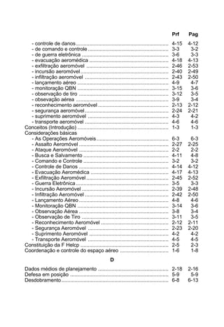 Prf Pag 
- controle de danos ............................................................... 4-15 4-12 
- de comando e controle ....................................................... 3-3 3-2 
- de guerra eletrônica ........................................................... 3-6 3-3 
- evacuação aeromédica ...................................................... 4-18 4-13 
- exfiltração aeromóvel ........................................................ 2-46 2-53 
- incursão aeromóvel ............................................................ 2-40 2-49 
- infiltração aeromóvel ......................................................... 2-43 2-50 
- lançamento aéreo .............................................................. 4-9 4-7 
- monitoração QBN .............................................................. 3-15 3-6 
- observação de tiro ............................................................. 3-12 3-5 
- obsevação aérea ............................................................... 3-9 3-4 
- reconhecimento aeromóvel ................................................ 2-13 2-12 
- segurança aeromóvel......................................................... 2-24 2-21 
- suprimento aeromóvel ....................................................... 4-3 4-2 
- transporte aeromóvel ......................................................... 4-6 4-6 
Conceitos (Introdução) .............................................................. 1-3 1-3 
Considerações básicas 
- As Operações Aeromóveis ................................................. 6-3 6-3 
- Assalto Aeromóvel ............................................................. 2-27 2-25 
- Ataque Aeromóvel ............................................................. 2-2 2-2 
- Busca e Salvamento .......................................................... 4-11 4-8 
- Comando e Controle .......................................................... 3-2 3-2 
- Controle de Danos ............................................................. 4-14 4-12 
- Evacuação Aeromédica ..................................................... 4-17 4-13 
- Exfiltração Aeromóvel ........................................................ 2-45 2-52 
- Guerra Eletrônica ............................................................... 3-5 3-3 
- Incursão Aeromóvel ........................................................... 2-39 2-48 
- Infiltração Aeromóvel ......................................................... 2-42 2-50 
- Lançamento Aéreo ............................................................. 4-8 4-6 
- Monitoração QBN .............................................................. 3-14 3-6 
- Observação Aérea ............................................................. 3-8 3-4 
- Observação de Tiro ........................................................... 3-11 3-5 
- Reconhecimento Aeromóvel .............................................. 2-12 2-11 
- Segurança Aeromóvel ....................................................... 2-23 2-20 
- Suprimento Aeromóvel ...................................................... 4-2 4-2 
- Transporte Aeromóvel ....................................................... 4-5 4-5 
Constituição da F Helcp ............................................................ 2-5 2-3 
Coordenação e controle do espaço aéreo ................................. 1-6 1-8 
D 
Dados médios de planejamento ................................................ 2-18 2-16 
Defesa em posição ................................................................... 5-9 5-9 
Desdobramento......................................................................... 6-8 6-13 
 