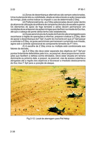IP 90-1 
2-38 
(c) Zonas de desembarque alternativas são sempre selecionadas. 
Uma mudança de teto ou visibilidade, aliada ao relevo local e a ação inesperada 
do inimigo, pode contra-indicar ou impedir o uso de determinada Z Dbq. 
(d) Preferencialmente, as Z Dbq selecionadas devem estar dentro 
do alcance de utilização da artilharia de campanha (de tubo) do escalão superior. 
Os elementos de apoio de fogo terrestre e aéreo devem permanecer em 
condições de se anteporem às ações inimigas que interfiram na missão do Esc Ass, 
até que a cabeça-de-ponte aérea tenha sido estabelecida. 
(e) Guias aeromóveis da Aviação do Exército são empregados para 
reconhecer a região de operações e informar, preparar e balizar a Z Dbq, além 
de apoiar o desembarque da F Spf. A partir do momento em que a F Spf passar 
a controlar a Z Dbq, os guias aeromóveis permanecem cumprindo sua missão, 
agora sob o controle operacional do componente terrestre da FT Amv. 
(f) A escolha de Z Dbq única ou múltipla está condicionada aos 
fatores da decisão. 
(g) A Z Dbq não deve estar separada dos objetivos da F Spf por 
pontos fortemente defendidos pelo Ini e, se possível, deve proporcionar condi-ções 
que facilitem a defesa contra blindados. Deve estar situada em terreno 
dominante ou próximo dele, e possuir, se possível, vias de acesso cobertas e 
abrigadas até a região dos objetivos e favorecer o imediato deslocamento 
do Esc Ass F Spf para a posição de ataque. 
Fig 2-12. Local de aterragem para Pel Helcp 
2-33 
 