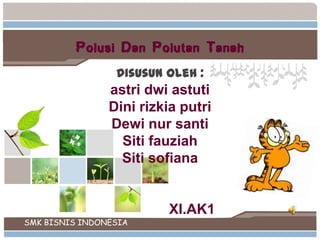 L/O/G/O

Polusi Dan Polutan Tanah
Disusun oleh :

astri dwi astuti
Dini rizkia putri
Dewi nur santi
Siti fauziah
Siti sofiana

SMK BISNIS INDONESIA

XI.AK1

 