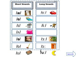 /æ/ / /ɑː
/e/
/ /ɪ
/ə/
/i /ː
/ /ɒ
/ /ʊ /u /ː
/ /ɜː
 /ɔː
/
/ /ʌ
Back to IPA
 