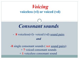 Voicing
voiceless (vl) or voiced (vd)
Consonant sounds
- 8 voiceless(vl)- voiced (vd) sound pairs
and
-8 single consonant sounds ( not sound pairs):
+ 7 voiced consonant sounds
+ 1 voiceless consonant sound
 