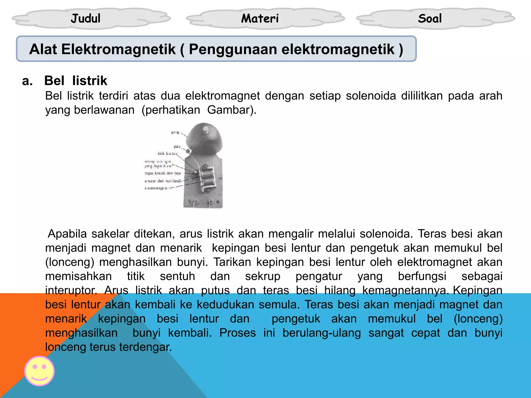 Judul Materi Soal
Alat Elektromagnetik ( Penggunaan elektromagnetik )
a. Bel listrik
Bel listrik terdiri atas dua elektromagnet dengan setiap solenoida dililitkan pada arah
yang berlawanan (perhatikan Gambar).
Apabila sakelar ditekan, arus listrik akan mengalir melalui solenoida. Teras besi akan
menjadi magnet dan menarik kepingan besi lentur dan pengetuk akan memukul bel
(lonceng) menghasilkan bunyi. Tarikan kepingan besi lentur oleh elektromagnet akan
memisahkan titik sentuh dan sekrup pengatur yang berfungsi sebagai
interuptor. Arus listrik akan putus dan teras besi hilang kemagnetannya. Kepingan
besi lentur akan kembali ke kedudukan semula. Teras besi akan menjadi magnet dan
menarik kepingan besi lentur dan pengetuk akan memukul bel (lonceng)
menghasilkan bunyi kembali. Proses ini berulang-ulang sangat cepat dan bunyi
lonceng terus terdengar.
 