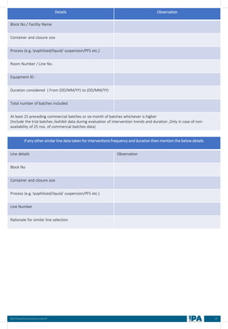 87
Best Practices Document on media fill
Details Observation
Block No./ Facility Name
Container and closure size
Process (e.g. lyophilized/liquid/ suspension/PFS etc.)
Room Number / Line No.
Equipment ID :
Duration considered ( From (DD/MM/YY) to (DD/MM/YY)
Total number of batches included
At least 25 preceding commercial batches or six month of batches whichever is higher
(Include the trial batches /exhibit data during evaluation of intervention trends and duration ,Only in case of non-
availability of 25 nos. of commercial batches data)
If any other similar line data taken for interventions frequency and duration then mention the below details
Line details Observation
Block No
Container and closure size
Process (e.g. lyophilized/liquid/ suspension/PFS etc.)
Line Number
Rationale for similar line selection
 
