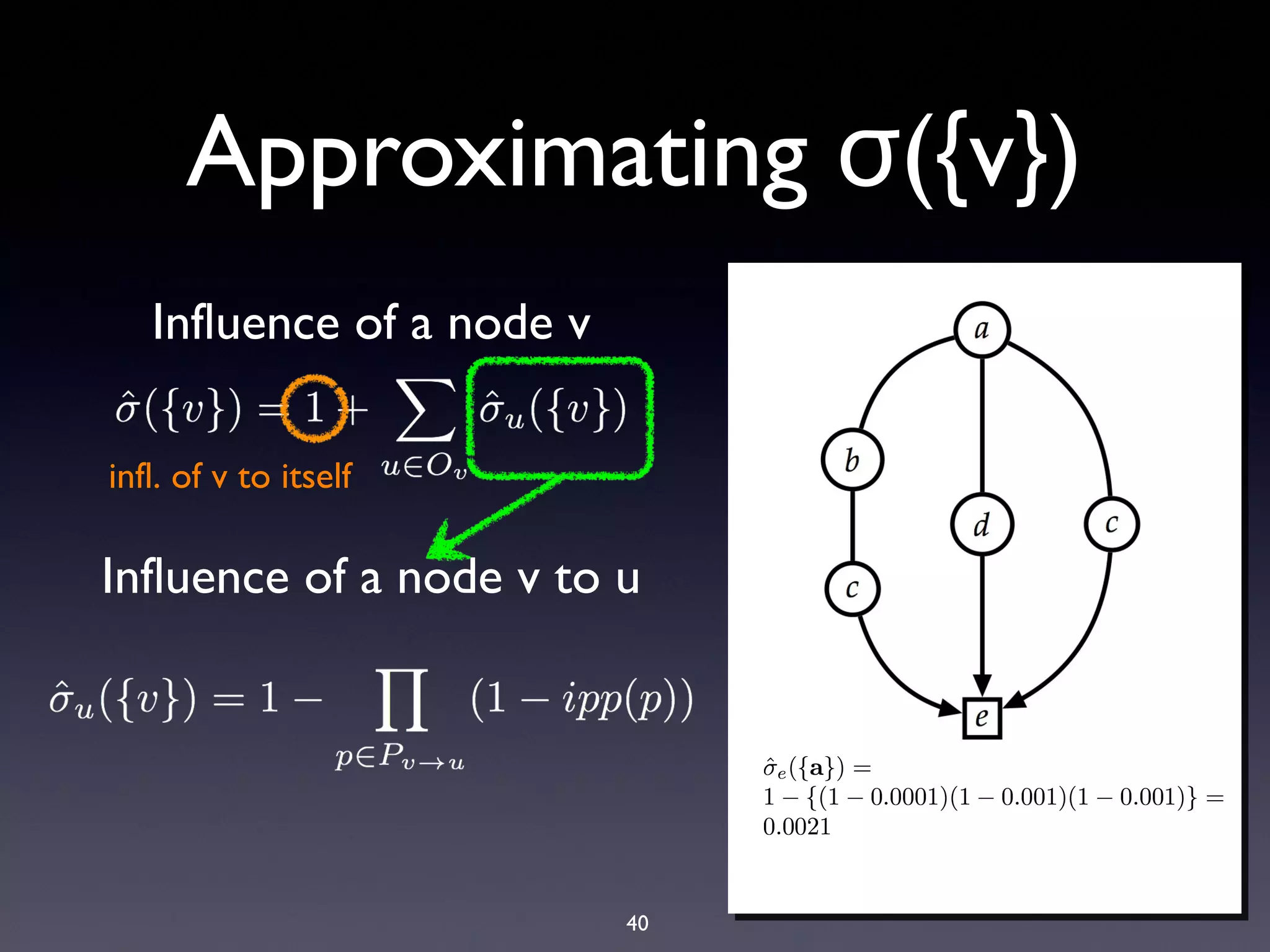40
Approximating ({v})σ
Influence of a node v
infl. of v to itself
Influence of a node v to u
 