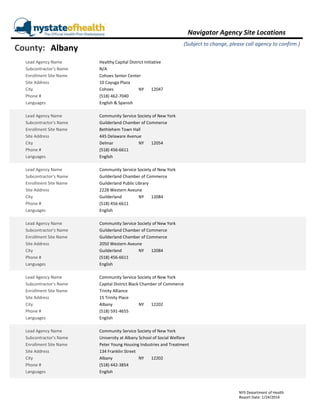 County: Albany 
Navigator Agency Site Locations 
(Subject to change, please call agency to confirm.) 
Healthy Capital District Initiative 
N/A 
12047 
Cohoes Senior Center 
10 Cayuga Plaza 
Cohoes 
(518) 462‐7040 
English & Spanish 
Enrollment Site Name 
Site Address 
City 
Phone # 
Languages 
NY 
Lead Agency Name 
Subcontractor's Name 
Community Service Society of New York 
Guilderland Chamber of Commerce 
12054 
Bethlehem Town Hall 
445 Delaware Avenue 
Delmar 
(518) 456‐6611 
English 
Enrollment Site Name 
Site Address 
City 
Phone # 
Languages 
NY 
Lead Agency Name 
Subcontractor's Name 
Community Service Society of New York 
Guilderland Chamber of Commerce 
12084 
Guilderland Public Library 
2228 Western Aveune 
Guilderland 
(518) 456‐6611 
English 
Enrollment Site Name 
Site Address 
City 
Phone # 
Languages 
NY 
Lead Agency Name 
Subcontractor's Name 
Community Service Society of New York 
Guilderland Chamber of Commerce 
Guilderland Chamber of Commerce 
2050 Western Aveune 
Guilderland 
12084 
(518) 456‐6611 
English 
Enrollment Site Name 
Site Address 
City 
Phone # 
Languages 
NY 
Lead Agency Name 
Subcontractor's Name 
Community Service Society of New York 
Capital District Black Chamber of Commerce 
12202 
Trinity Alliance 
15 Trinity Place 
Albany 
(518) 591‐4655 
English 
Enrollment Site Name 
Site Address 
City 
Phone # 
Languages 
NY 
Lead Agency Name 
Subcontractor's Name 
Community Service Society of New York 
University at Albany School of Social Welfare 
Peter Young Housing Industries and Treatment 
134 Franklin Street 
Albany 
12202 
(518) 442‐3854 
English 
Enrollment Site Name 
Site Address 
City 
Phone # 
Languages 
NY 
Lead Agency Name 
Subcontractor's Name 
NYS Department of Health 
Report Date: 1/24/2014 
 