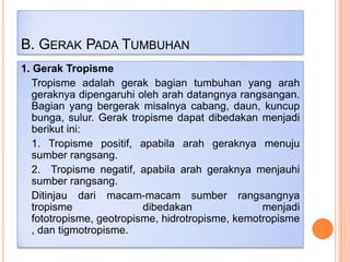 B. GERAK PADA TUMBUHAN
1. Gerak Tropisme
Tropisme adalah gerak bagian tumbuhan yang arah
geraknya dipengaruhi oleh arah datangnya rangsangan.
Bagian yang bergerak misalnya cabang, daun, kuncup
bunga, sulur. Gerak tropisme dapat dibedakan menjadi
berikut ini:
1. Tropisme positif, apabila arah geraknya menuju
sumber rangsang.
2. Tropisme negatif, apabila arah geraknya menjauhi
sumber rangsang.
Ditinjau dari macam-macam sumber rangsangnya
tropisme
dibedakan
menjadi
fototropisme, geotropisme, hidrotropisme, kemotropisme
, dan tigmotropisme.

 